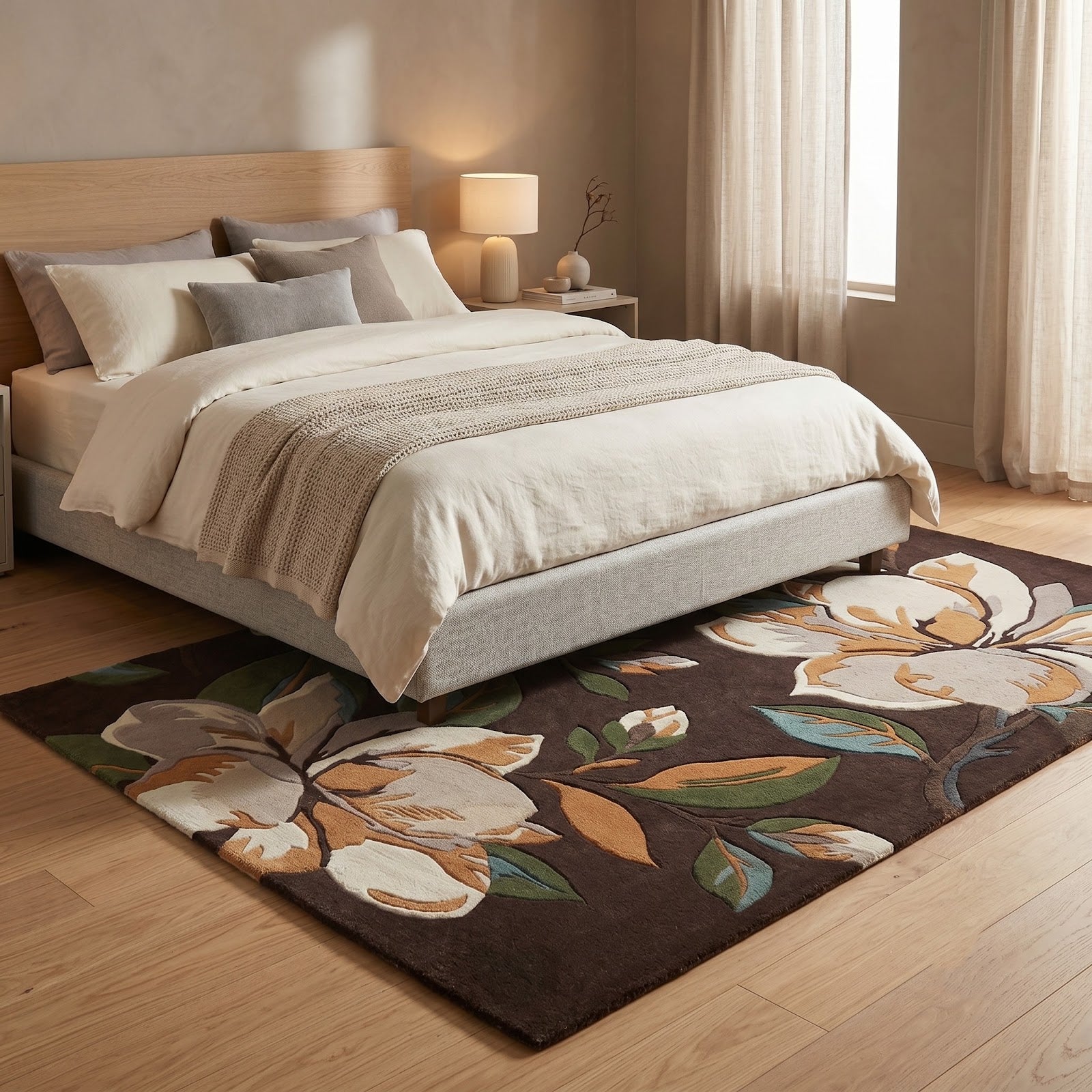 Magnolia Blossom Hand Tufted Wool Rug | Chocolate Brown Floral Botanical Area Rug — 2x3 ft'