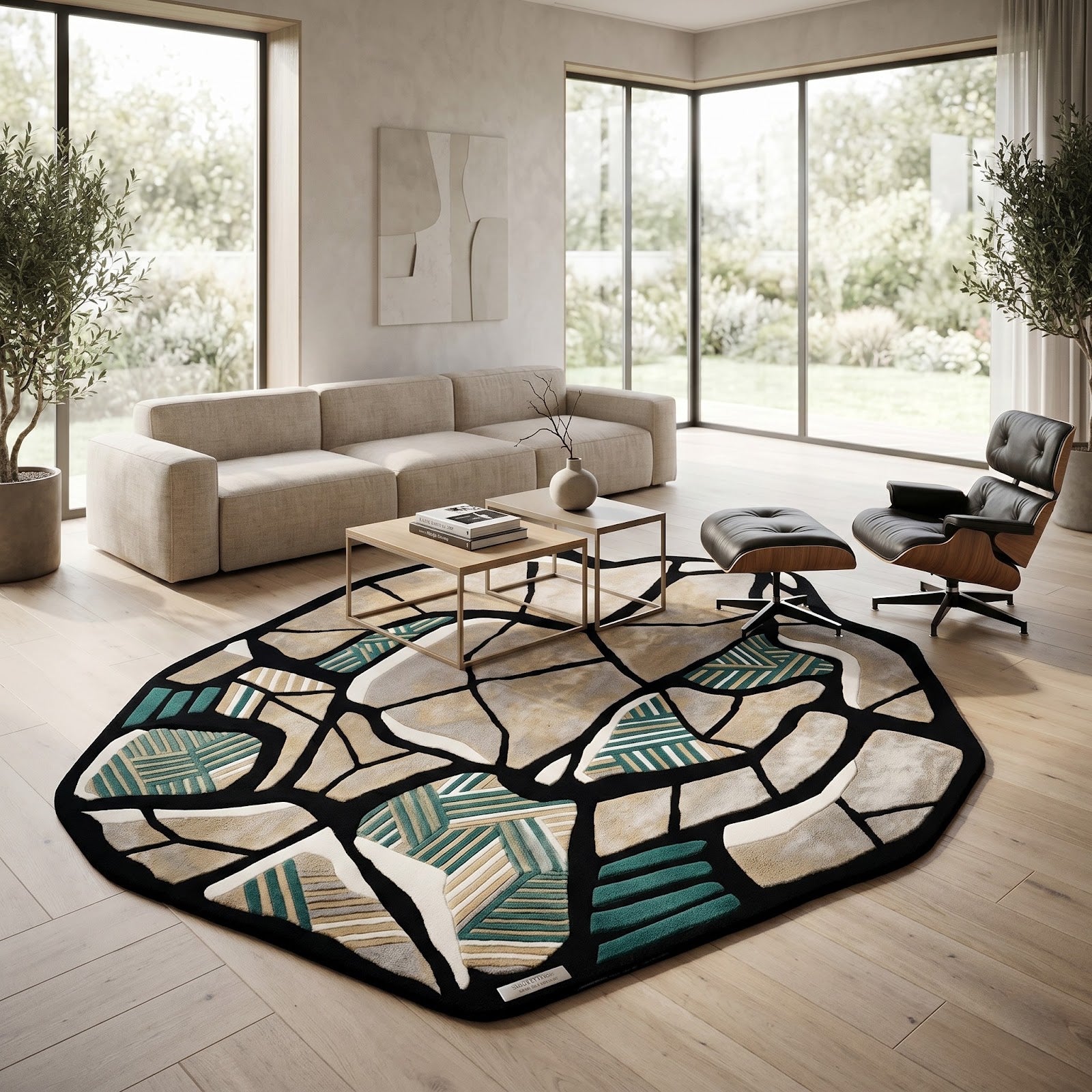 Irregular Mosaic Hand Tufted Wool Rug | Abstract Stone Pattern Green & Beige Contemporary Area Rug — 2x3 ft'