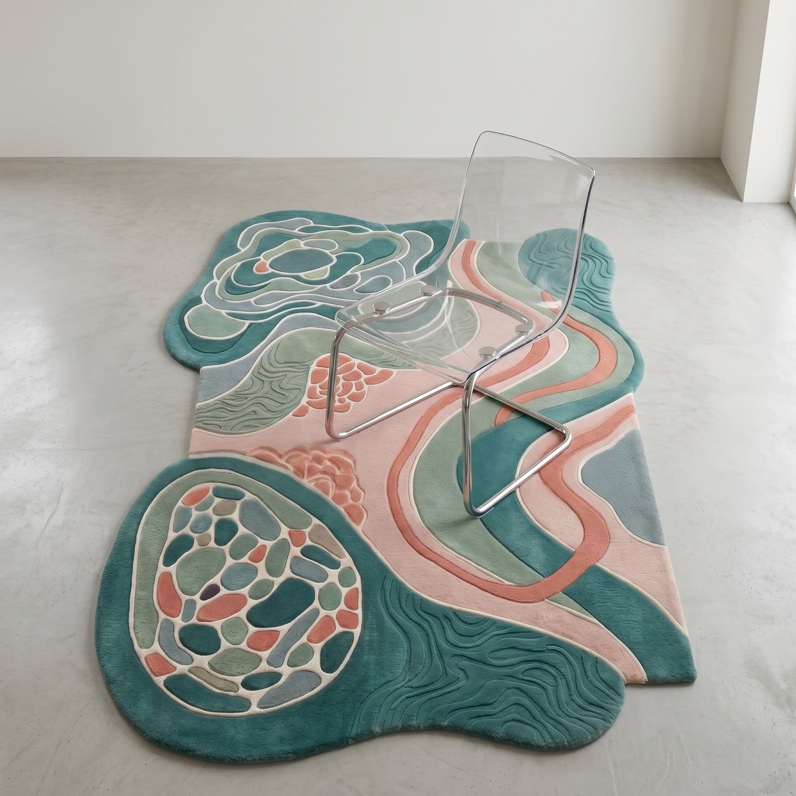 Abstract Botanical Hand Tufted Wool Rug | Irregular Organic Area Rug in Teal, Sage & Blush Pink — 2x3 ft'