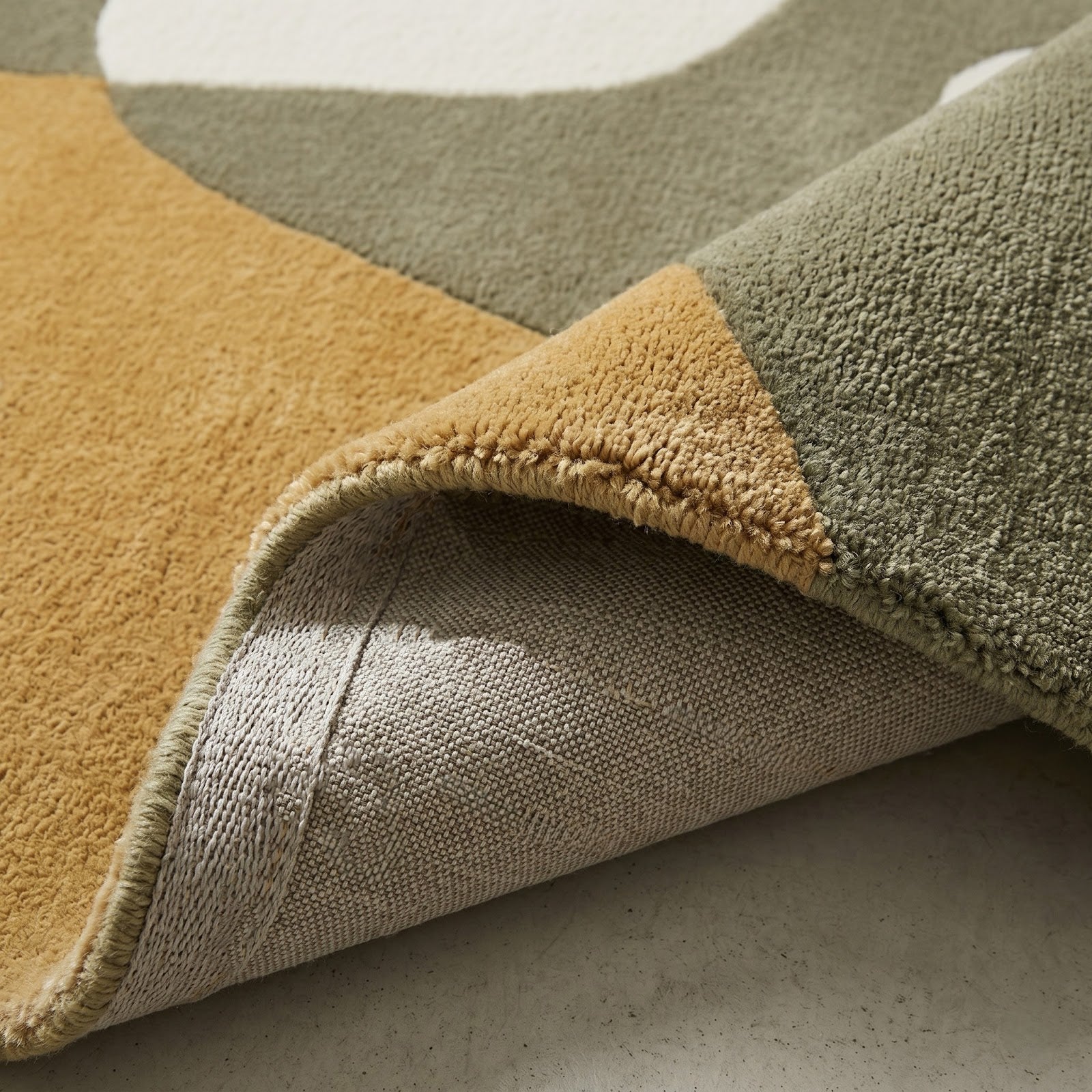 Biomorphic Abstract Hand Tufted Wool Rug | Camel, Sage Green & Ivory Organic Modern Area Rug — 2x3 ft'