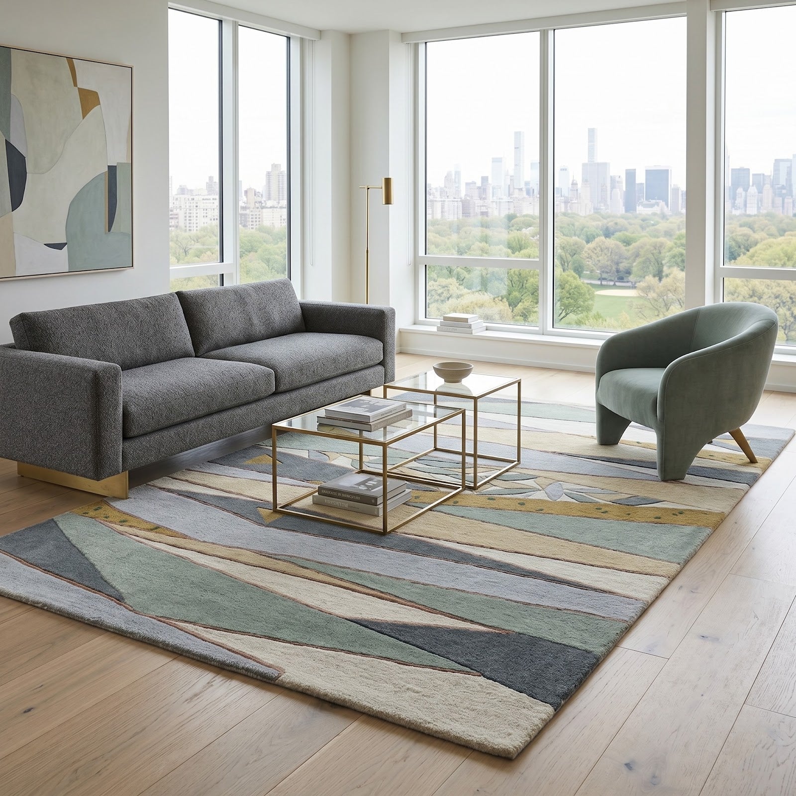 Modern Geometric Hand Tufted Wool Rug | Sage Green & Grey Abstract Contemporary Area Rug — 2x3 ft'