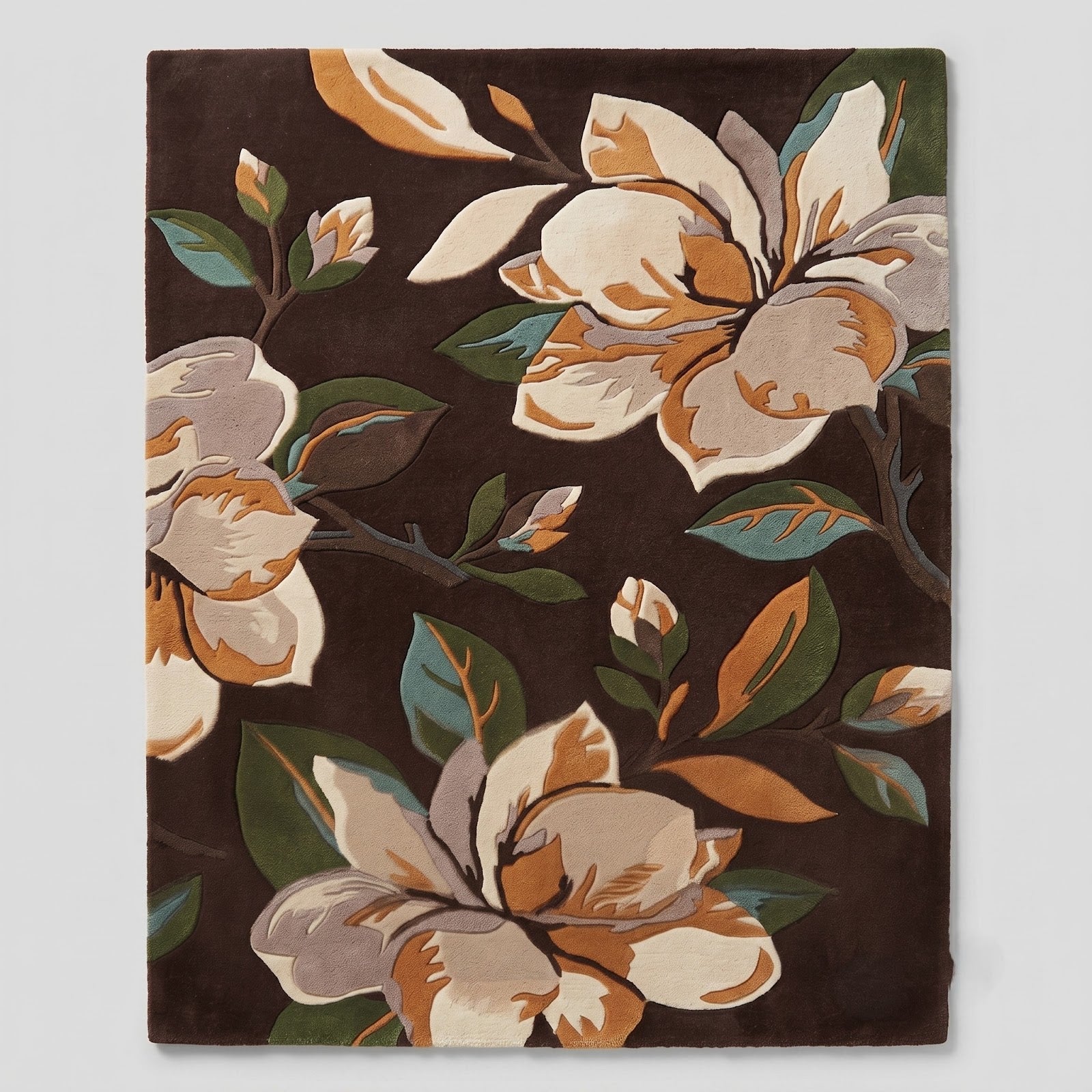 Magnolia Blossom Hand Tufted Wool Rug | Chocolate Brown Floral Botanical Area Rug — 2x3 ft'