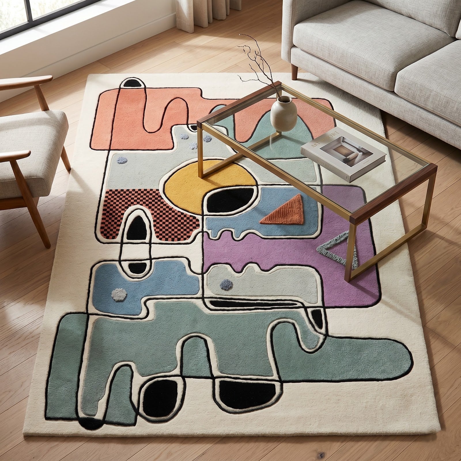 Modern Abstract Bauhaus Hand Tufted Wool Rug | Pastel Geometric Art Area Rug — 2x3 ft'