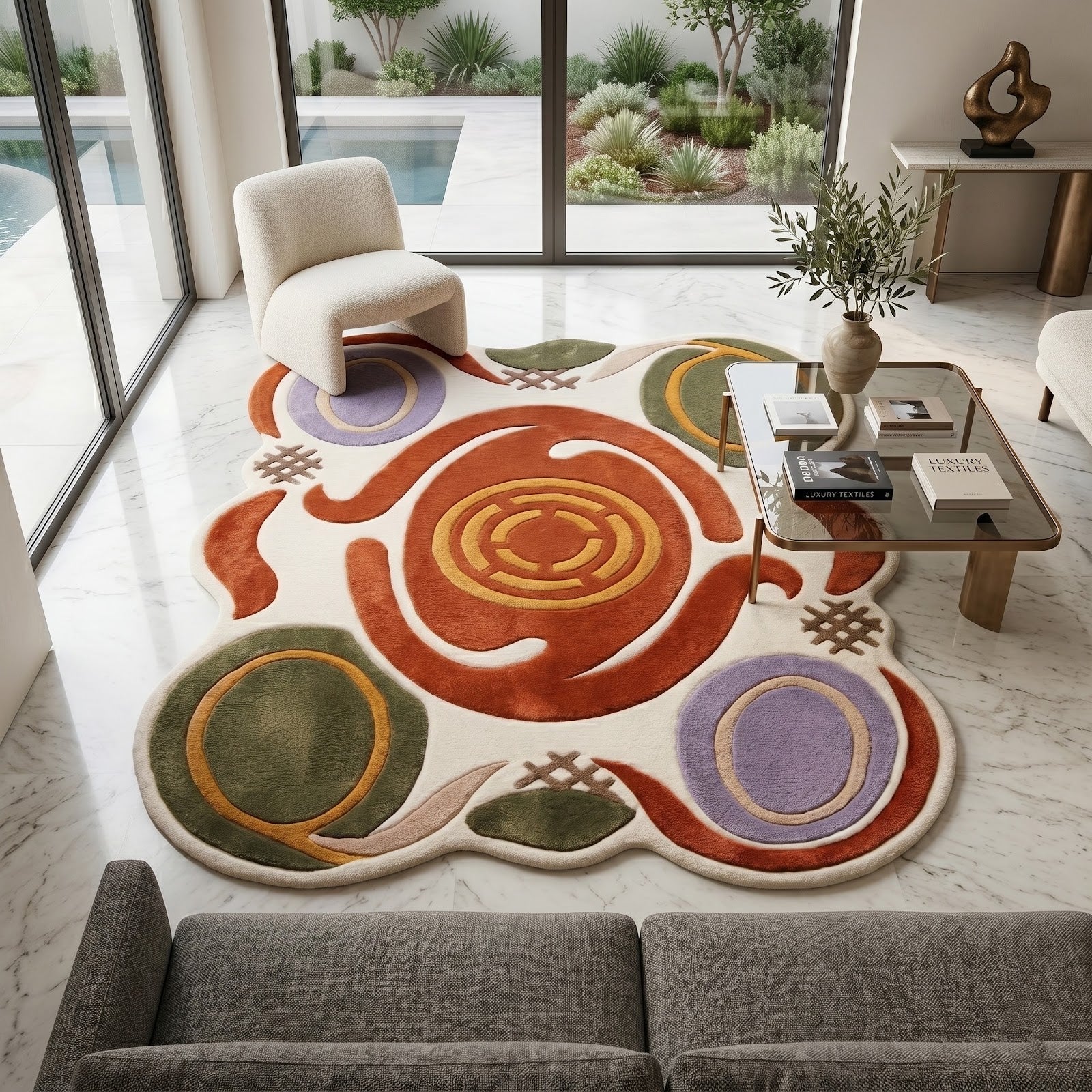 Abstract Hand Tufted Wool Rug | Terracotta Green Irregular Area Rug — 2x3 ft'