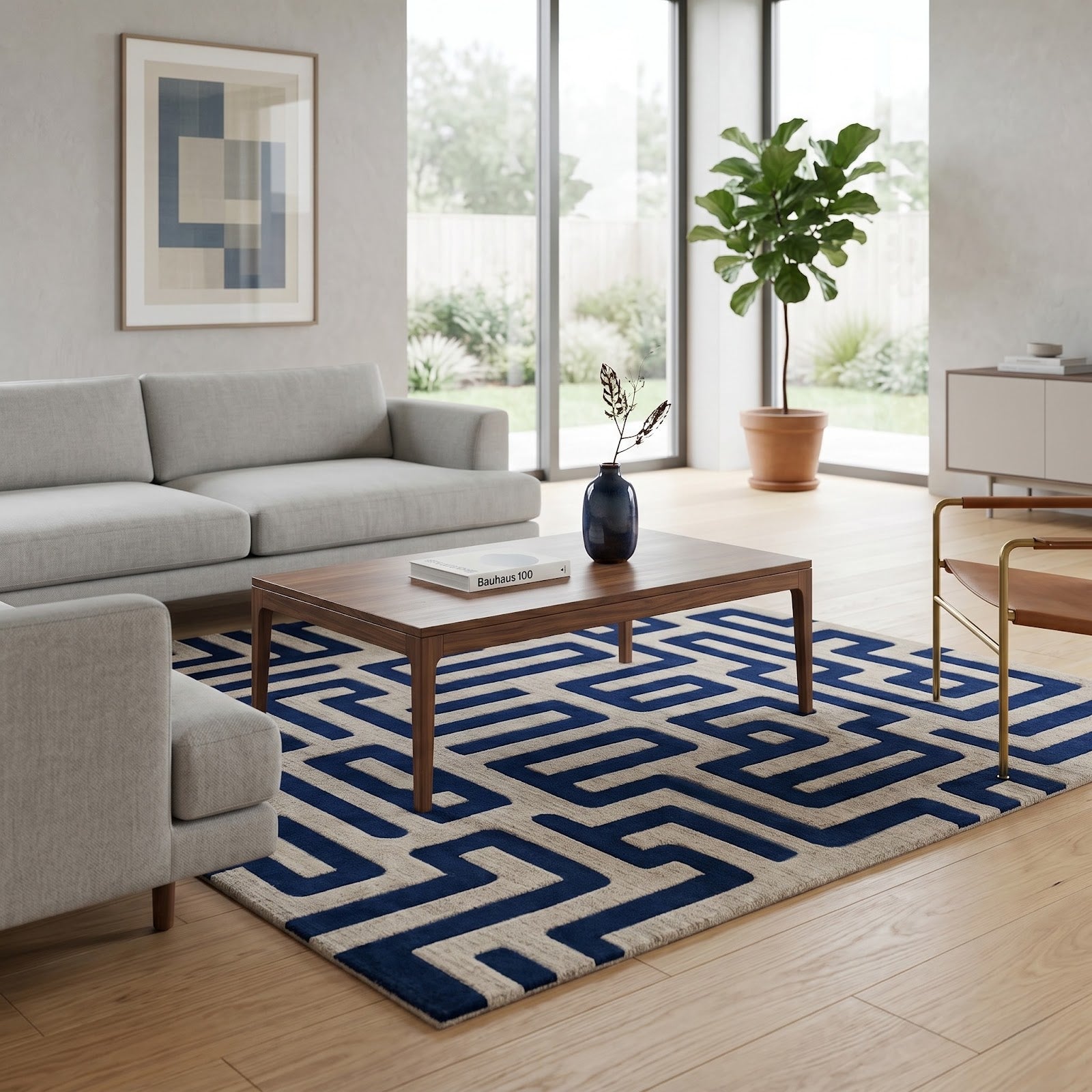 Maze Pattern Hand Tufted Wool Rug | Cobalt Blue & Ivory Geometric Labyrinth Area Rug — 2x3 ft'