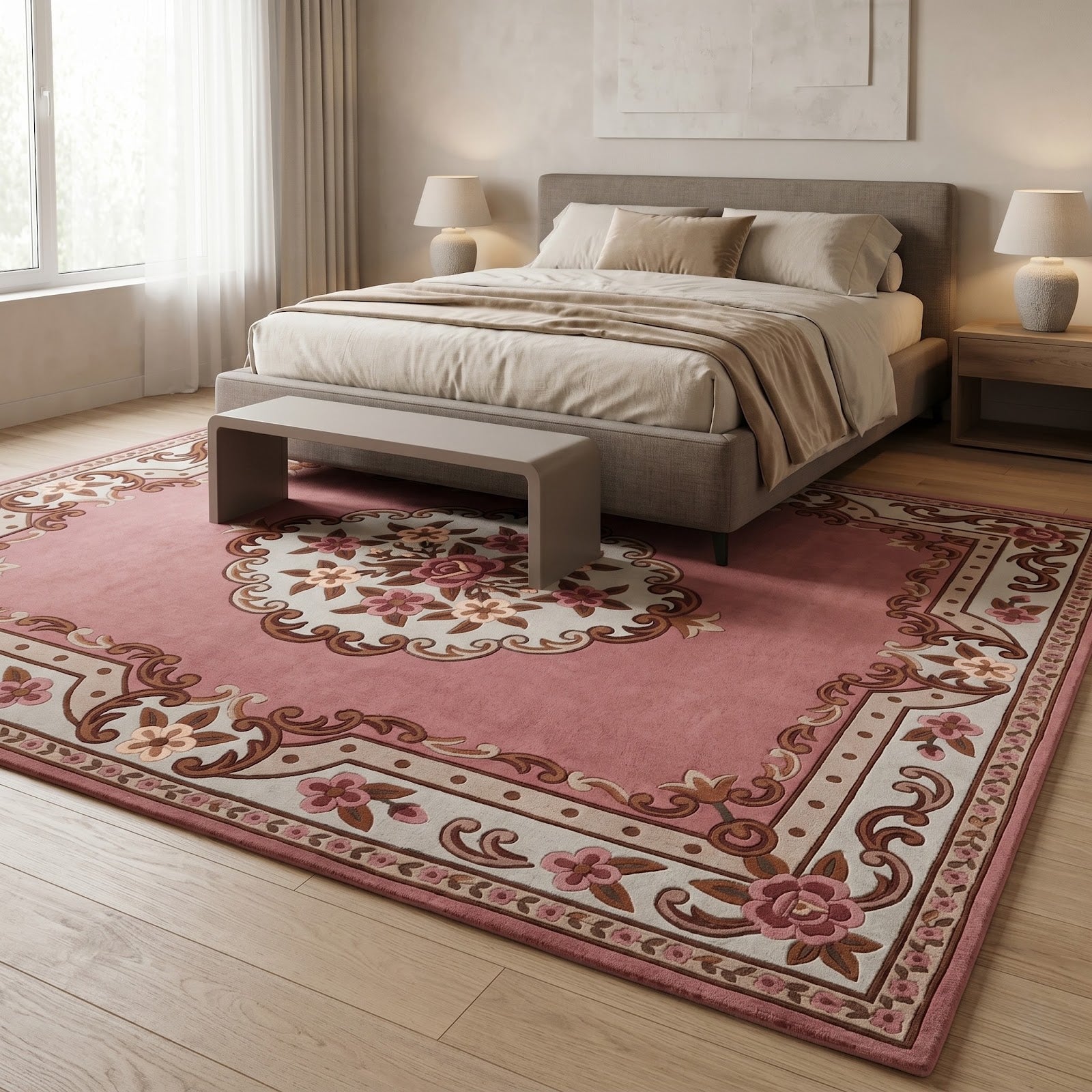 Vintage Floral Hand Tufted Wool Rug | Pink Rose Medallion Area Rug — 2x3 ft'