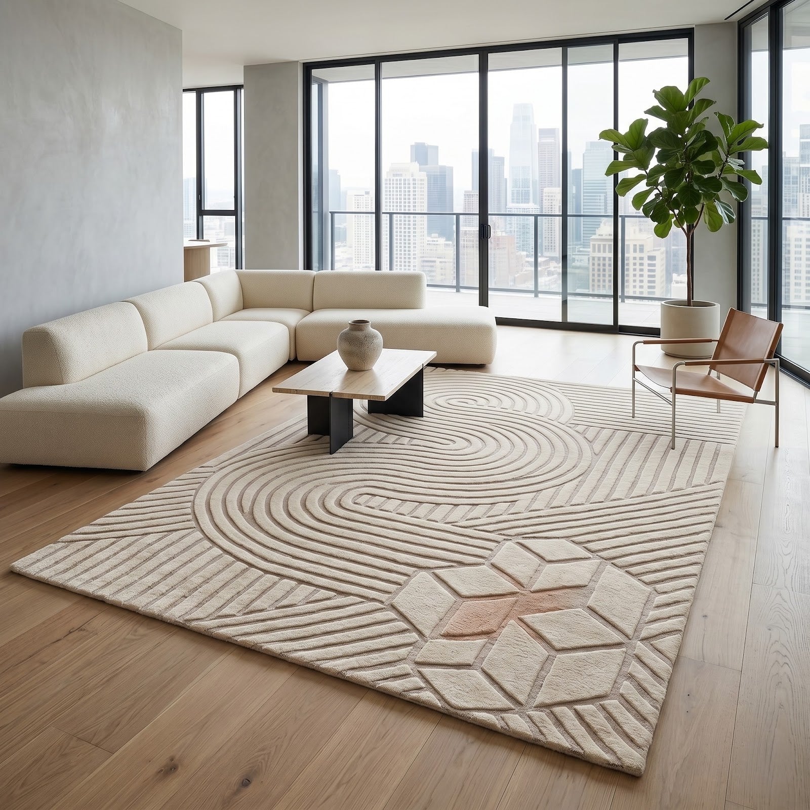 Modern Geometric Hand Tufted Wool Rug | Ivory Minimalist Abstract Line Art Area Rug — 2x3 ft'