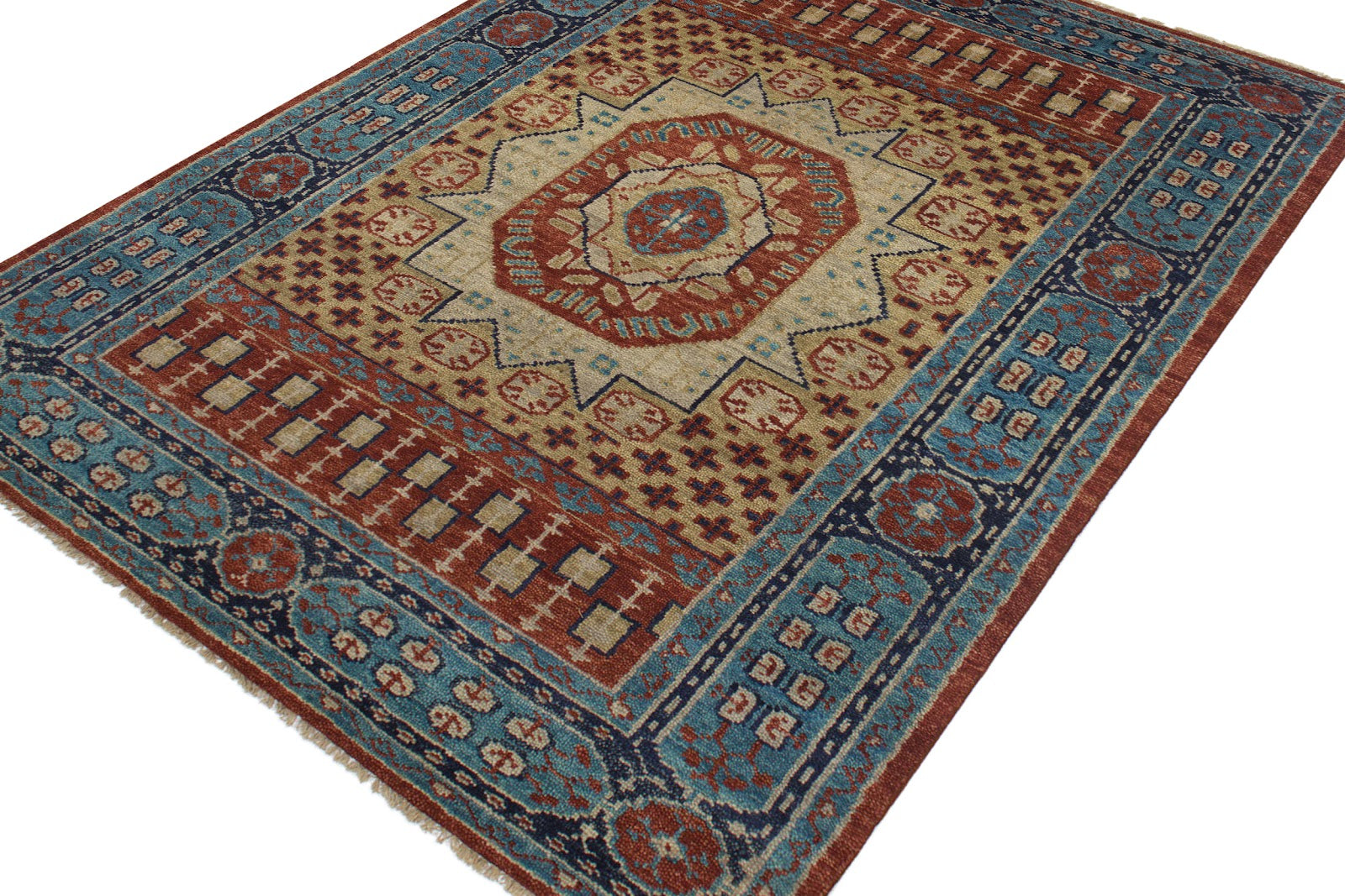Traditional Kazak Hand Knotted New Zealand Wool Rug | Blue & Rust Geometric Medallion Area Rug — 2x3 ft'