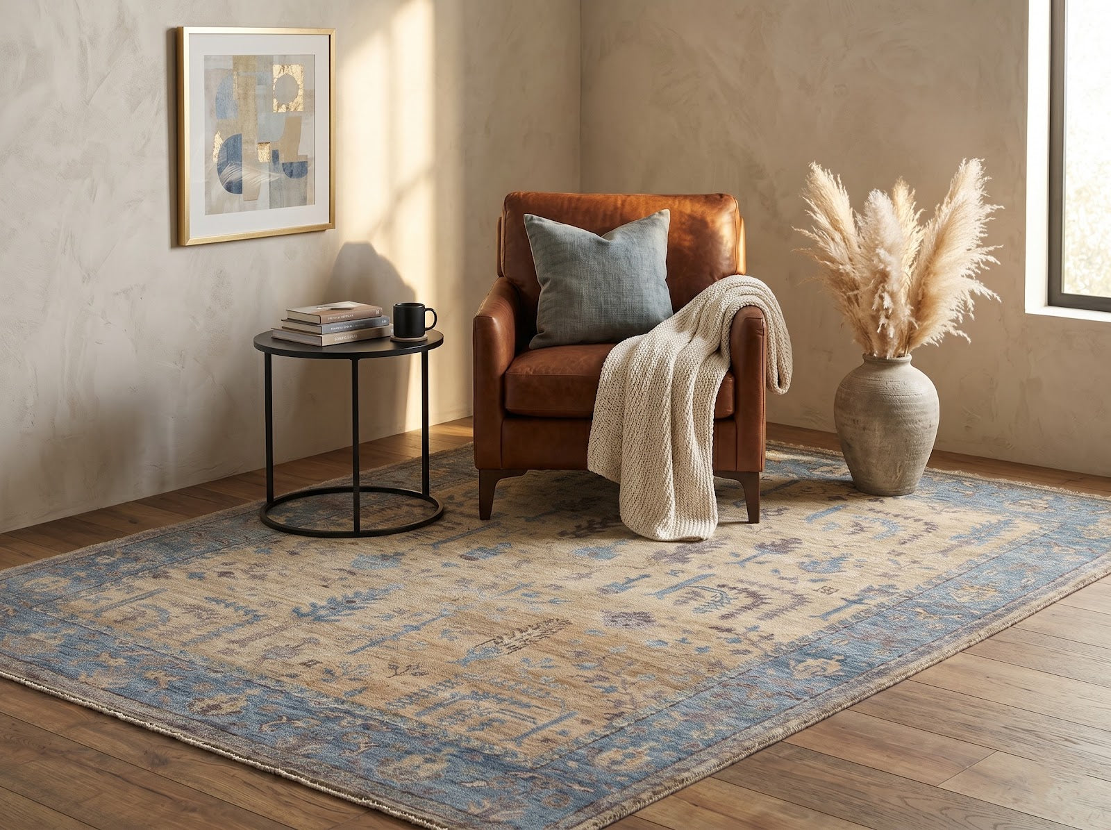 Traditional Oushak Hand Knotted New Zealand Wool Rug | Blue & Beige Vintage Floral Area Rug — 2x3 ft'