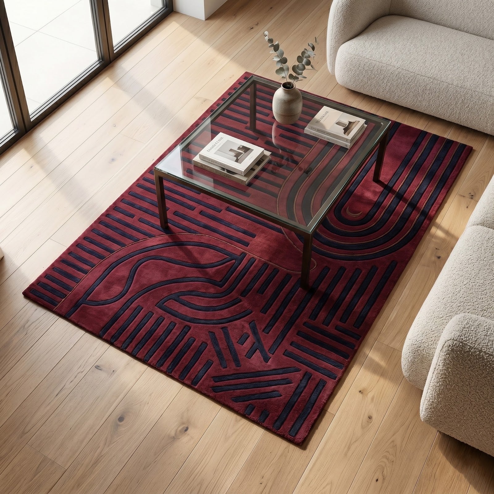 Burgundy Geometric Hand Tufted Wool Rug | Modern Art Deco Area Rug in Wine Red & Navy Blue — 2x3 ft'