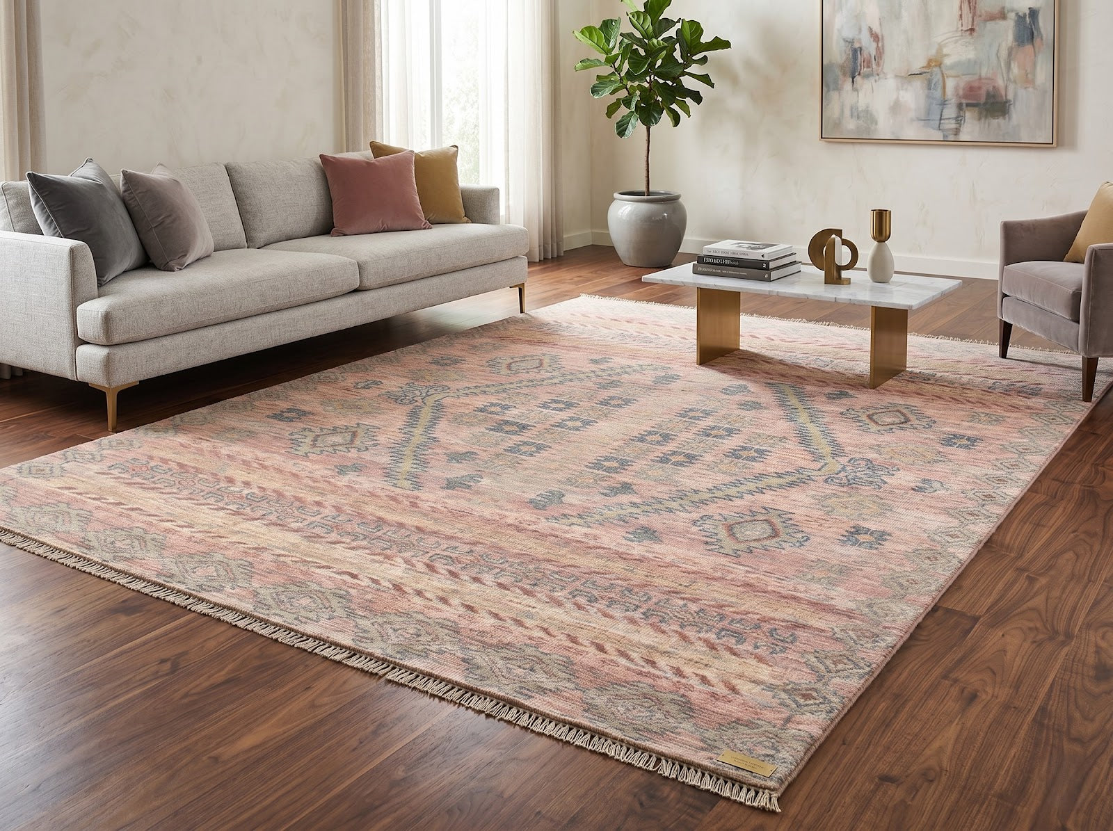 Vintage Tribal Hand Knotted New Zealand Wool Rug | Blush Pink & Sage Green Geometric Area Rug — 2x3 ft'