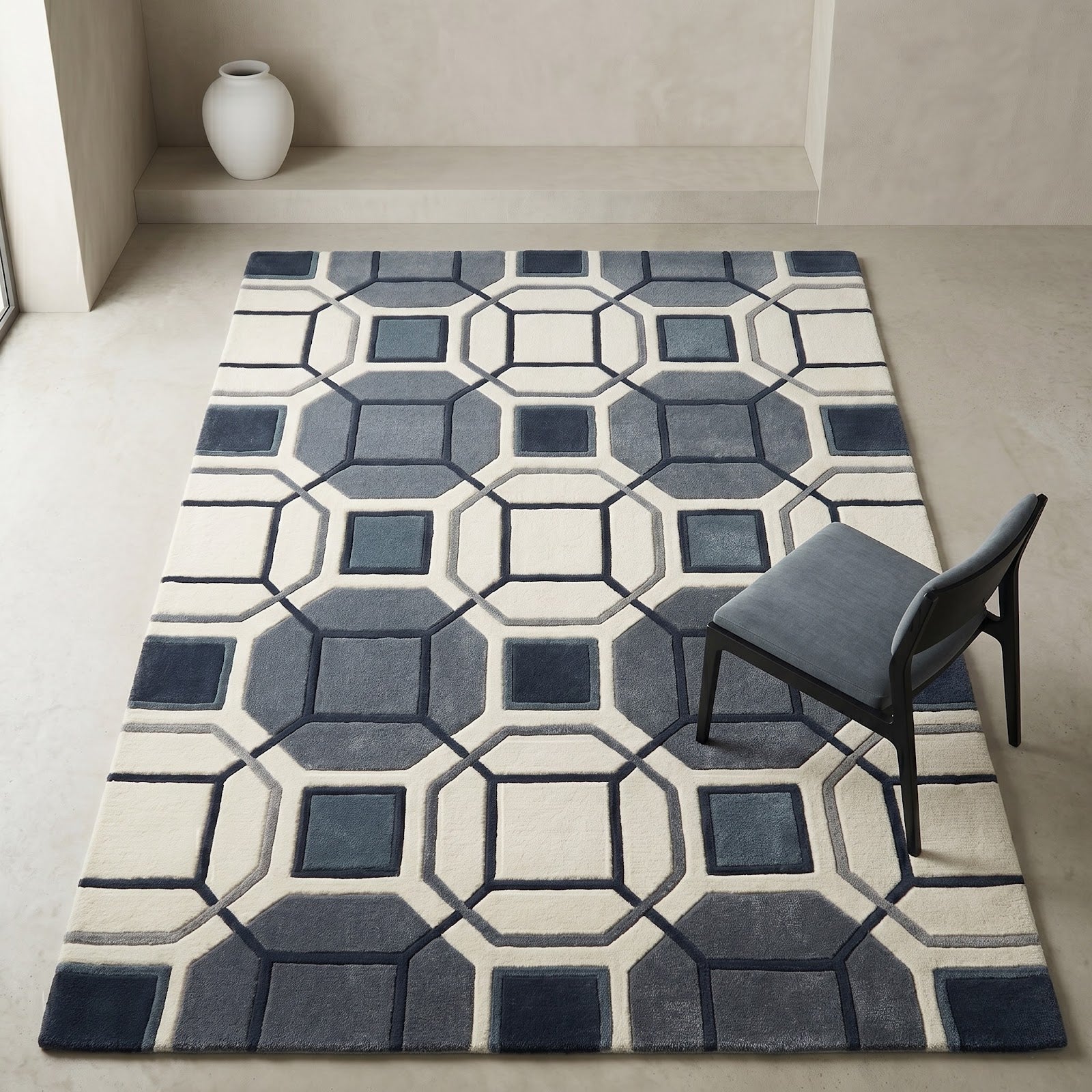 Geometric Lattice Hand Tufted Wool Rug | Blue, Grey & Ivory Contemporary Area Rug — 2x3 ft'