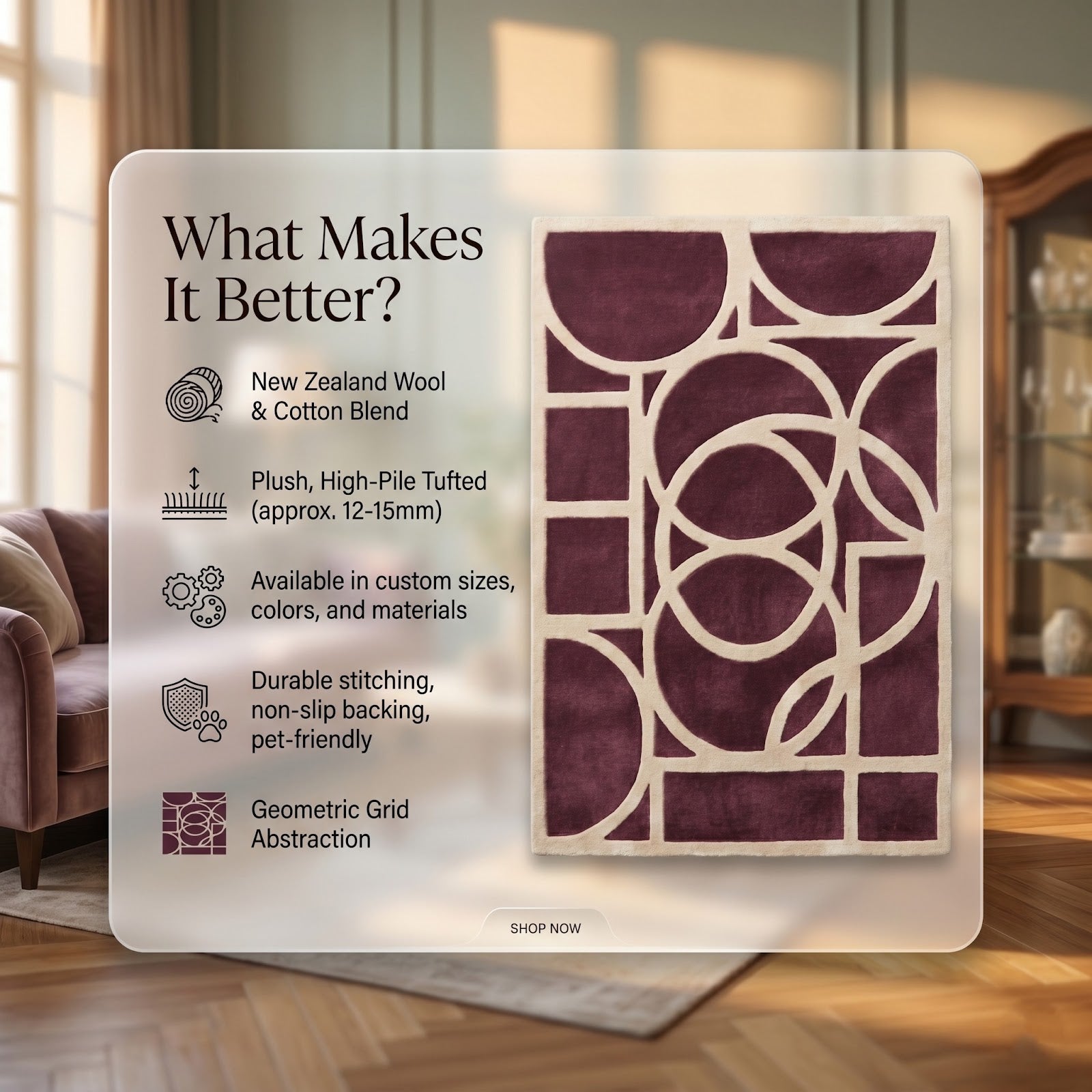 Art Deco Geometric Hand Tufted Wool Rug | Plum Purple & Ivory Contemporary Area Rug — 2x3 ft'