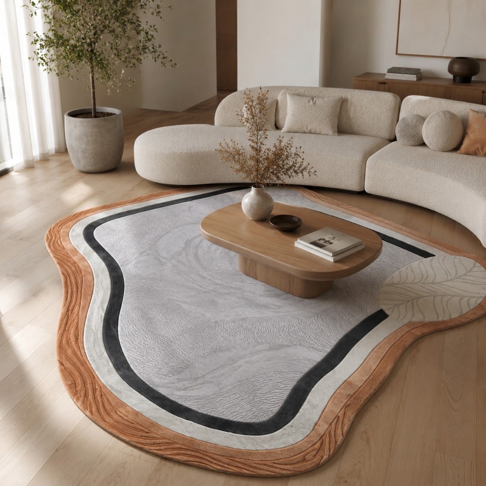 Organic Contour Hand Tufted Wool Sculpted Abstract Border Area Rug — 2x3 ft'
