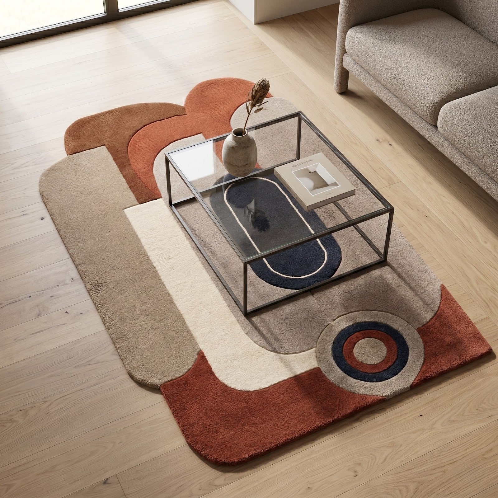 Retro Modern Hand Tufted Wool Rug | Terracotta, Beige & Navy Abstract Geometric Area Rug — 2x3 ft'