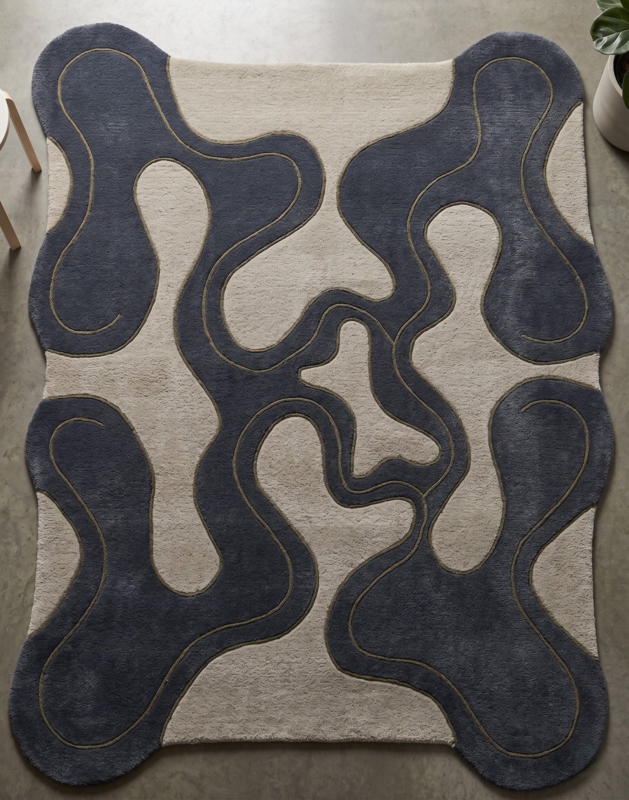 Organic Flow Hand Tufted Wool Rug | Slate Blue & Ivory Biomorphic Irregular Area Rug — 2x3 ft'