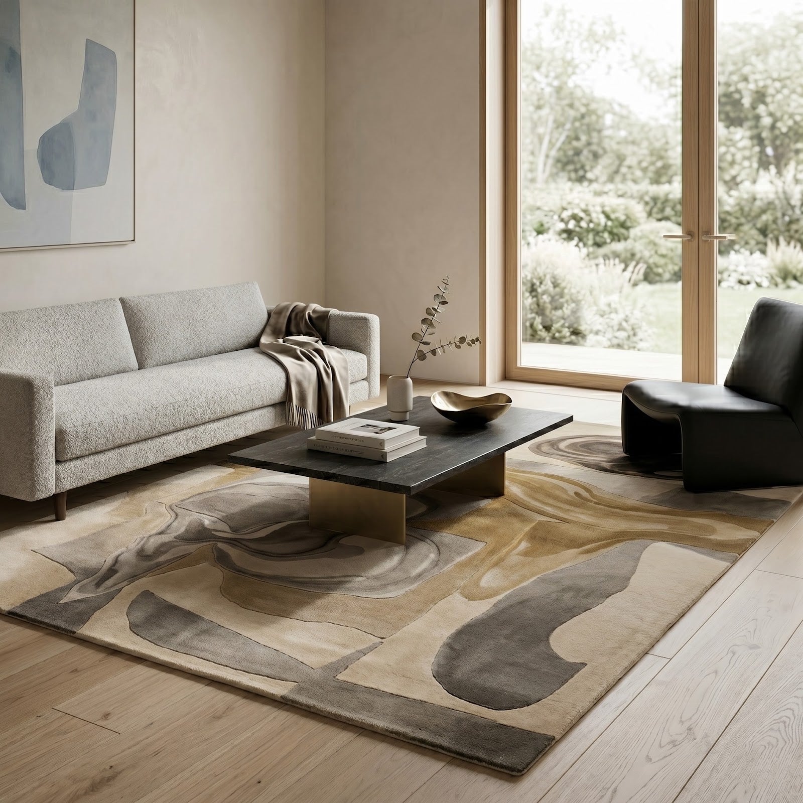 Modern Abstract Marble Hand Tufted Wool Rug | Neutral Swirl Art Area Rug — 2x3 ft'