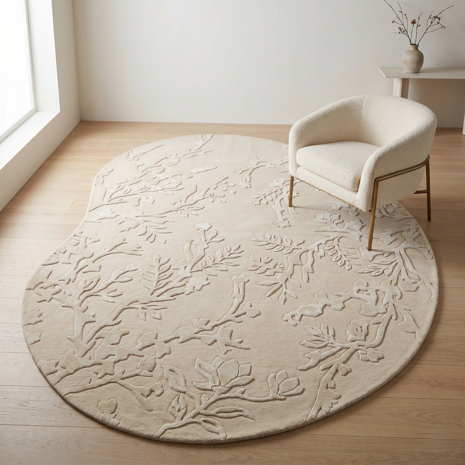 Oval Botanical Hand Tufted Wool Rug | Ivory Floral Vine Area Rug with Carved Texture — 2x3 ft'
