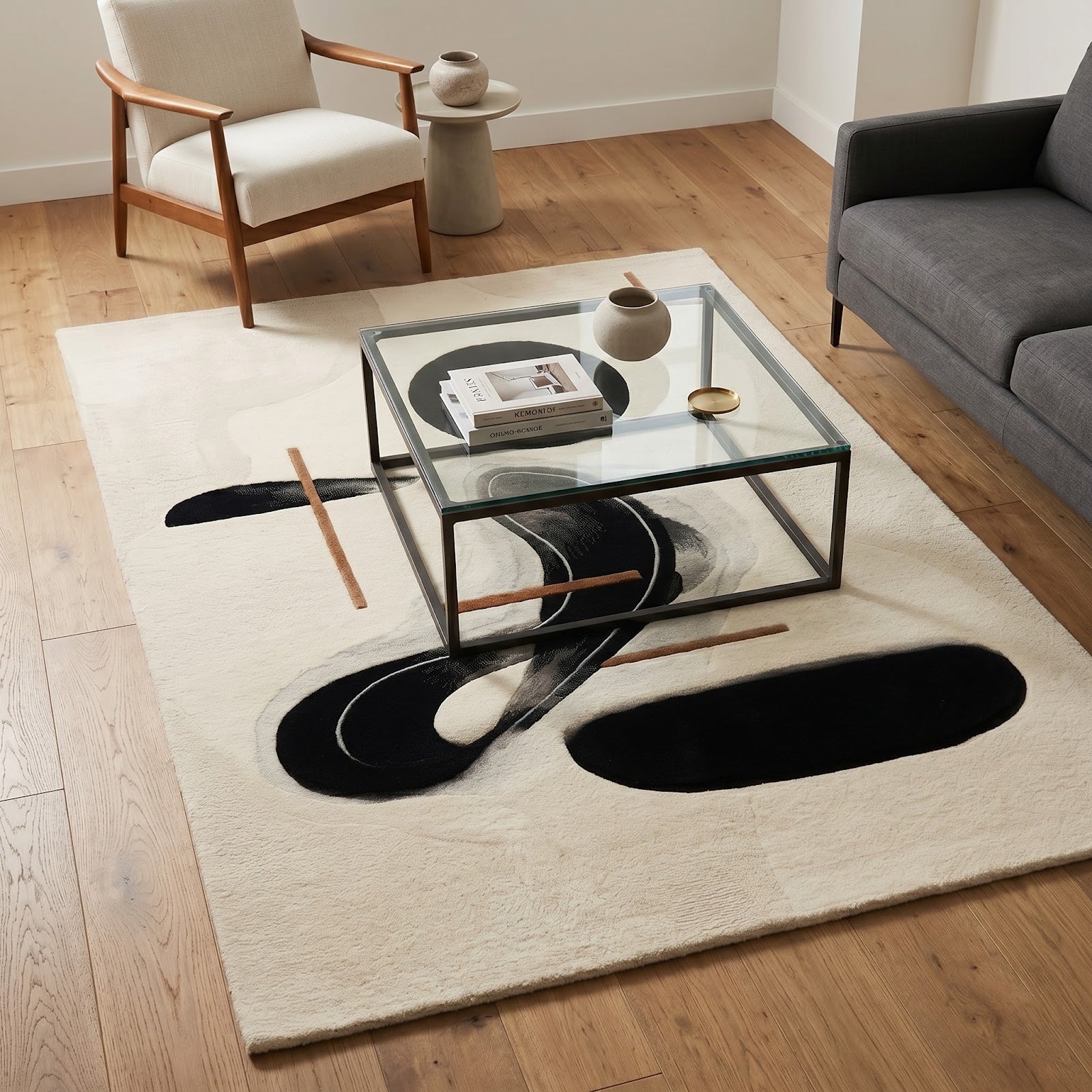 Minimalist Abstract Hand Tufted Wool Rug | Modern Black & Ivory Contemporary Art Area Rug — 2x3 ft'