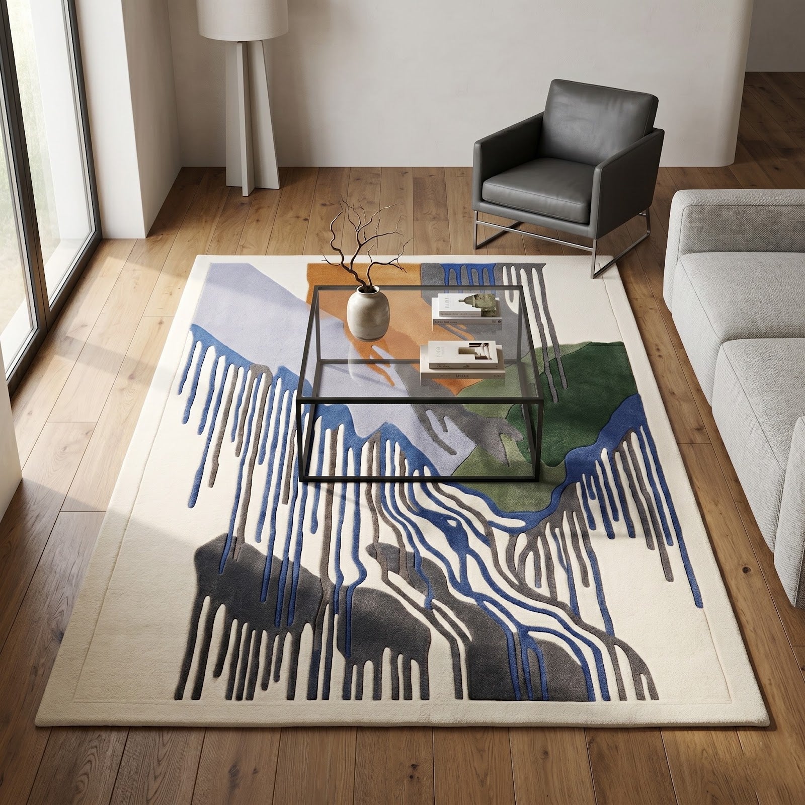 Abstract Mountain Landscape Hand Tufted Wool Rug | Modern Waterfall Art Area Rug in Blue, Green & Rust — 2x3 ft'
