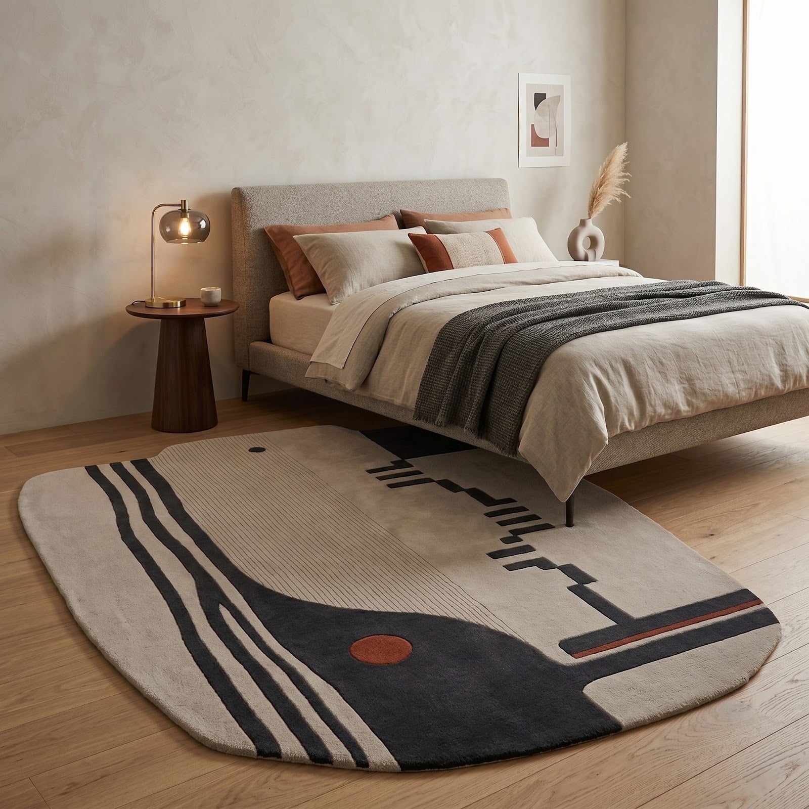 Architectural Abstract Hand Tufted Wool Rug | Ivory, Charcoal & Rust Modern Irregular Area Rug — 2x3 ft'