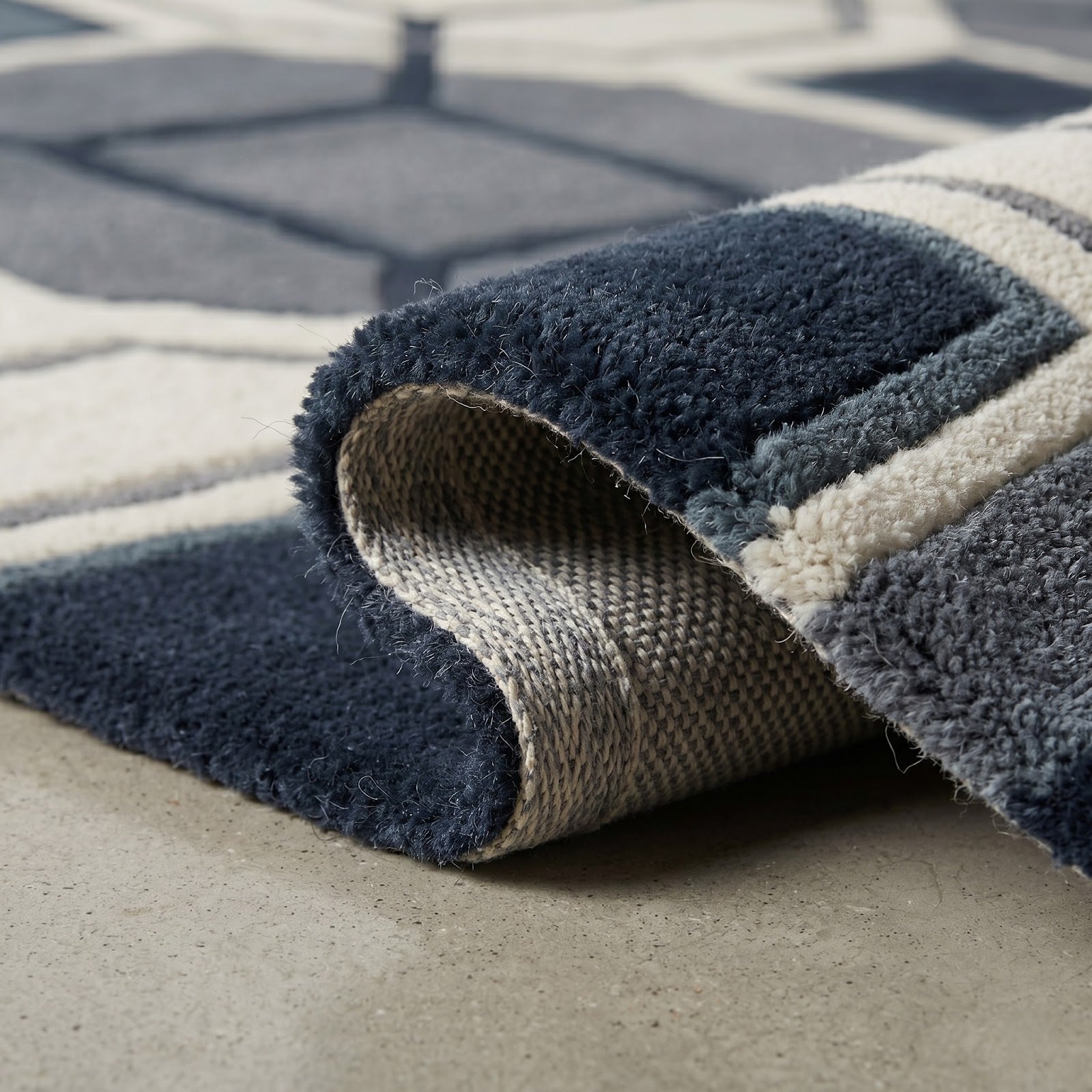 Geometric Lattice Hand Tufted Wool Rug | Blue, Grey & Ivory Contemporary Area Rug — 2x3 ft'