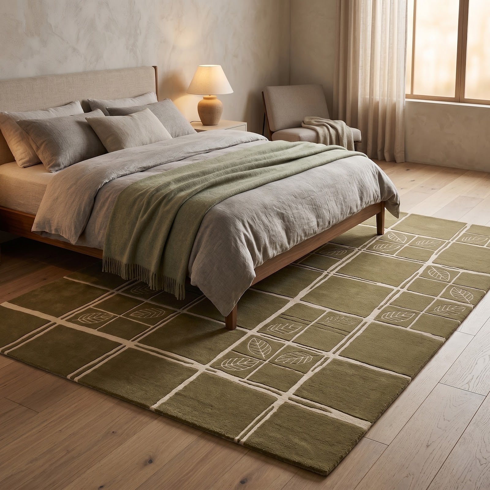 Nature Grid Hand Tufted Wool Rug | Sage Green & Ivory Botanical Geometric Area Rug — 2x3 ft'