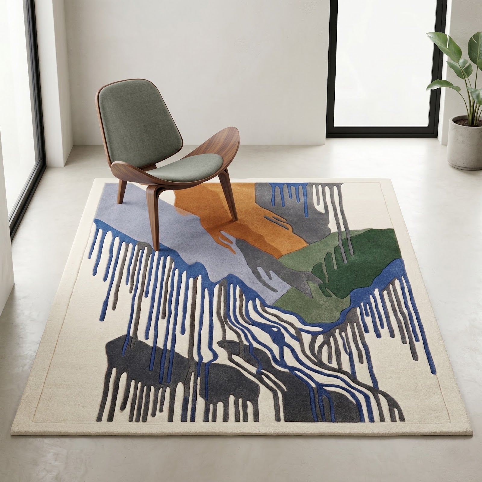 Abstract Mountain Landscape Hand Tufted Wool Rug | Modern Waterfall Art Area Rug in Blue, Green & Rust — 2x3 ft'