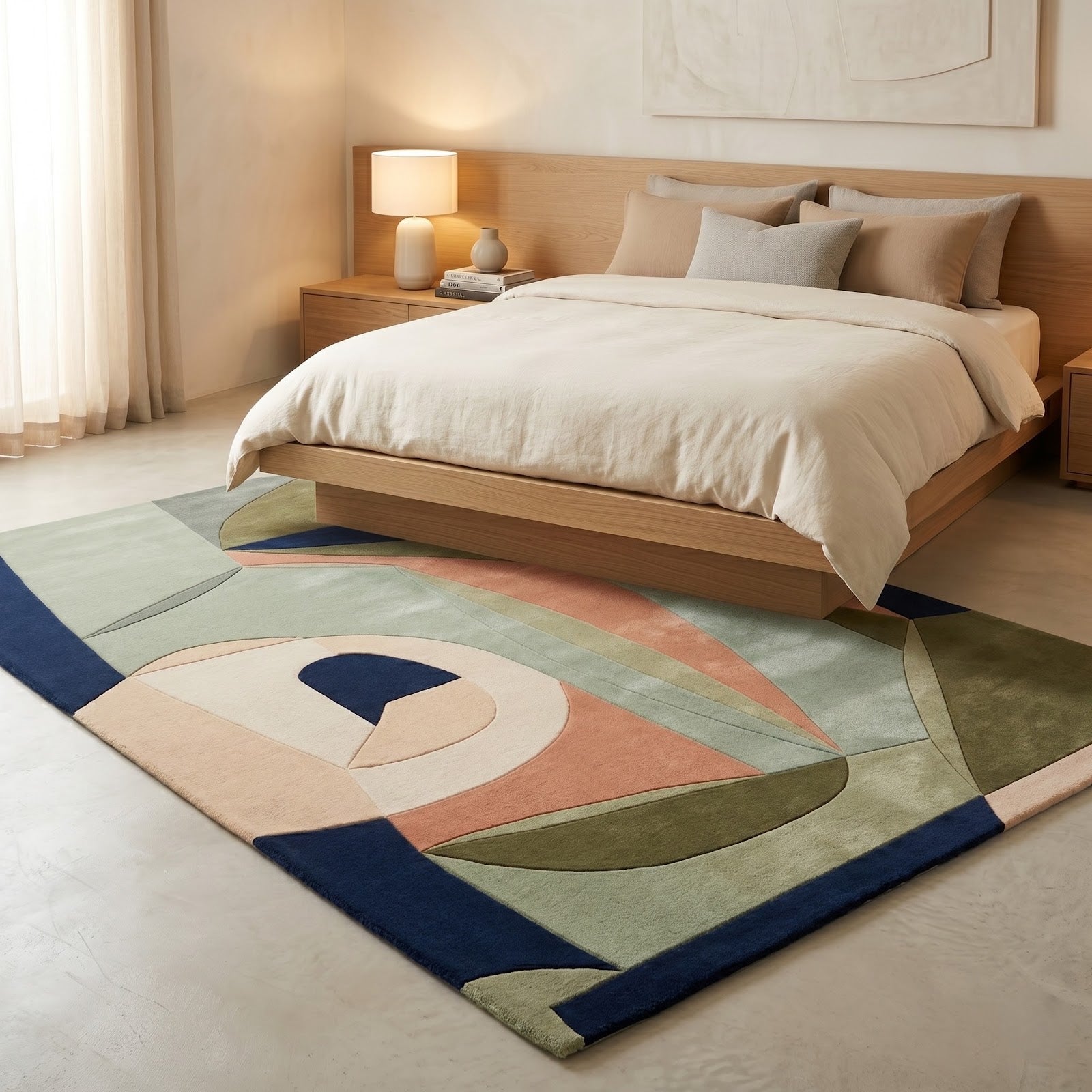 Modern Abstract Cubist Hand Tufted Wool Rug | Sage Green, Olive & Navy Geometric Art Area Rug — 2x3 ft'