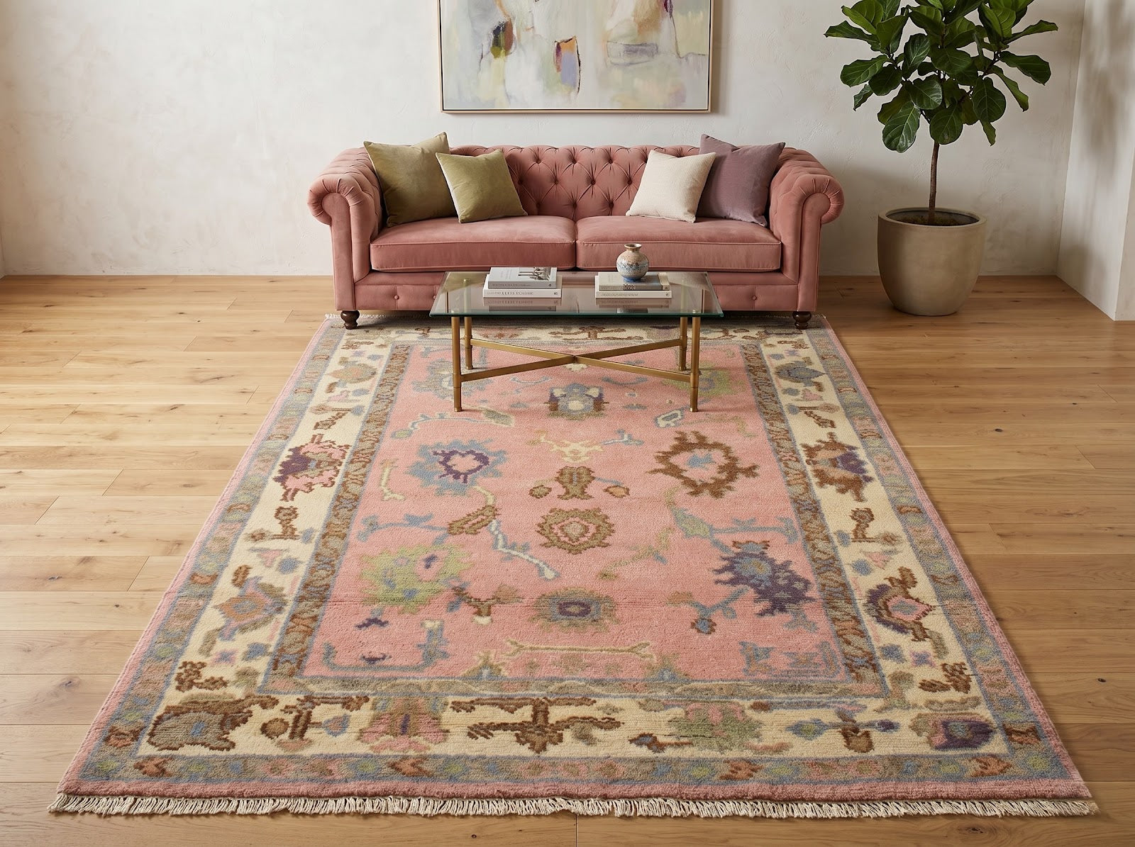 Vintage Oushak Hand Knotted New Zealand Wool Rug | Pink & Ivory Turkish Floral Area Rug — 2x3 ft'