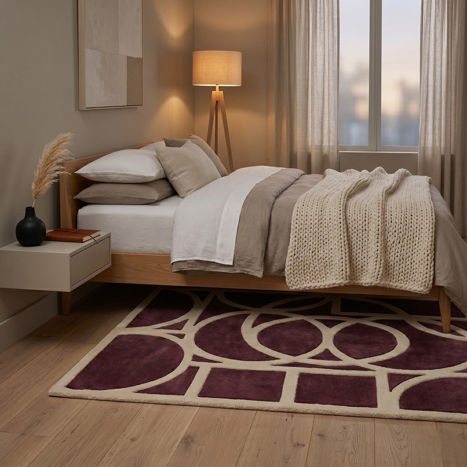 Art Deco Geometric Hand Tufted Wool Rug | Plum Purple & Ivory Contemporary Area Rug — 2x3 ft'