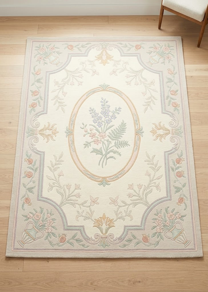 French Provincial Floral Hand Tufted Wool Rug | Pastel Botanical Medallion Area Rug — 2x3 ft'
