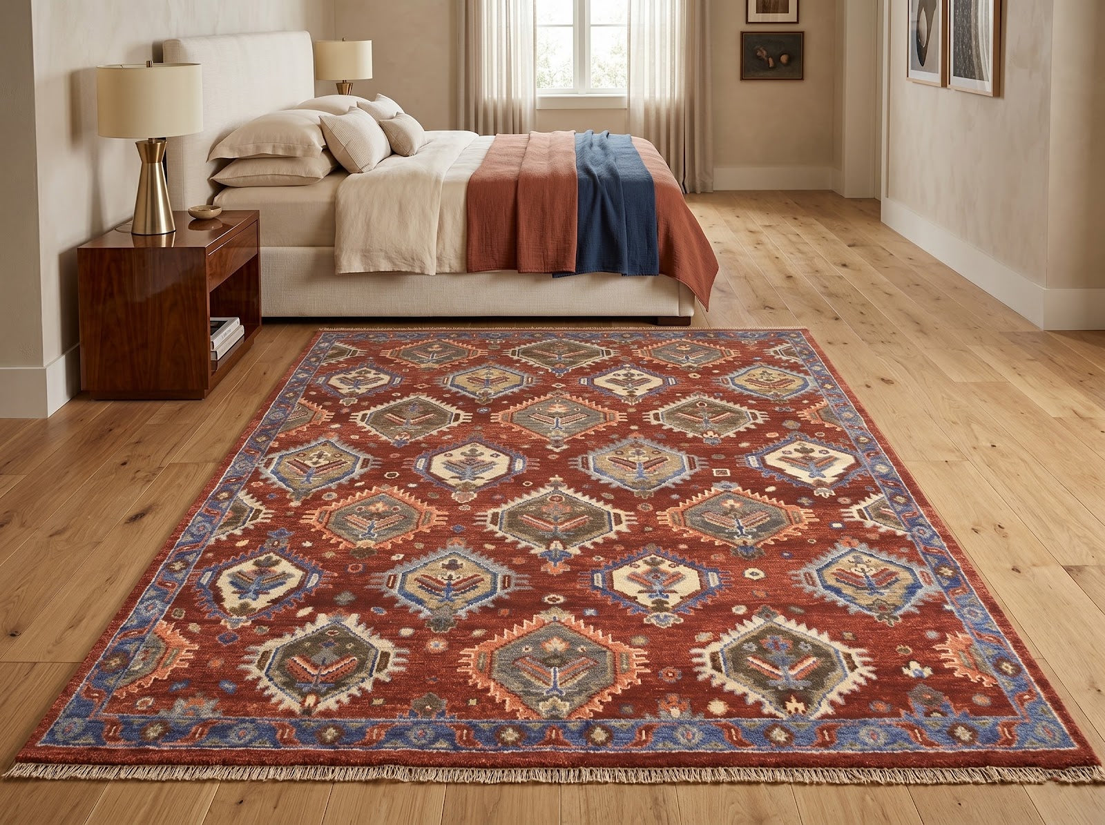 Traditional Tribal Hand Knotted New Zealand Wool Rug | Rust & Blue Geometric Diamond Area Rug — 2x3 ft'