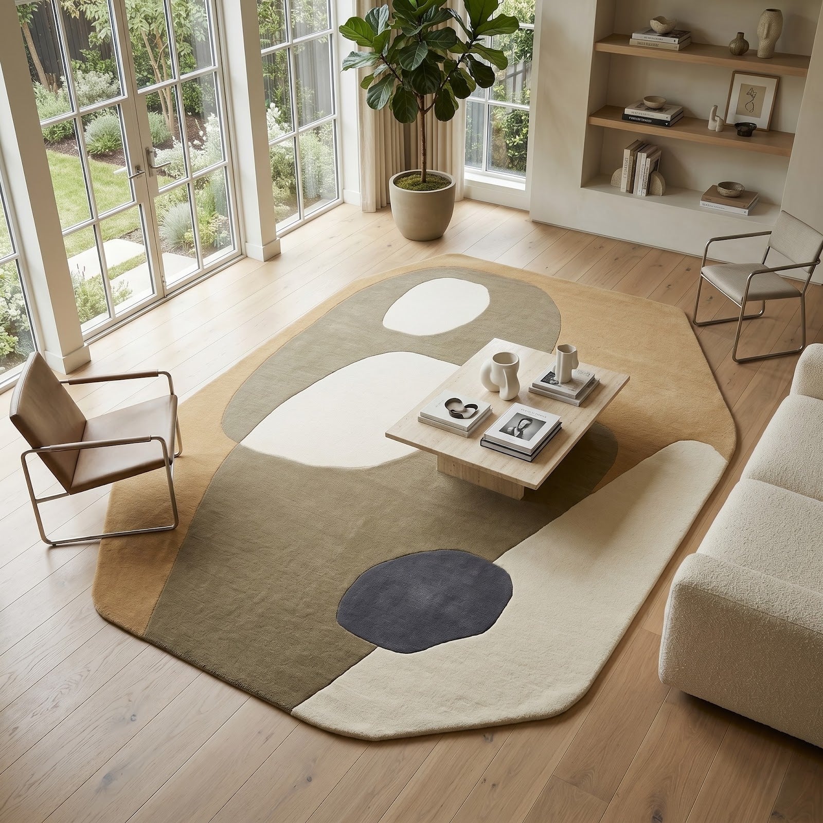 Biomorphic Abstract Hand Tufted Wool Rug | Camel, Sage Green & Ivory Organic Modern Area Rug — 2x3 ft'