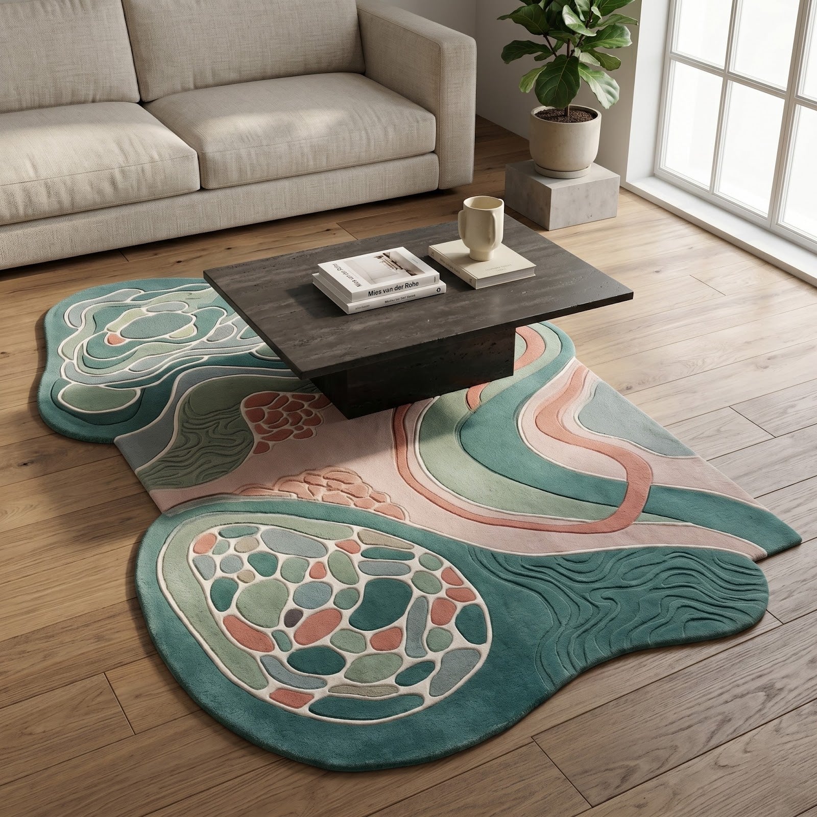 Abstract Botanical Hand Tufted Wool Rug | Irregular Organic Area Rug in Teal, Sage & Blush Pink — 2x3 ft'