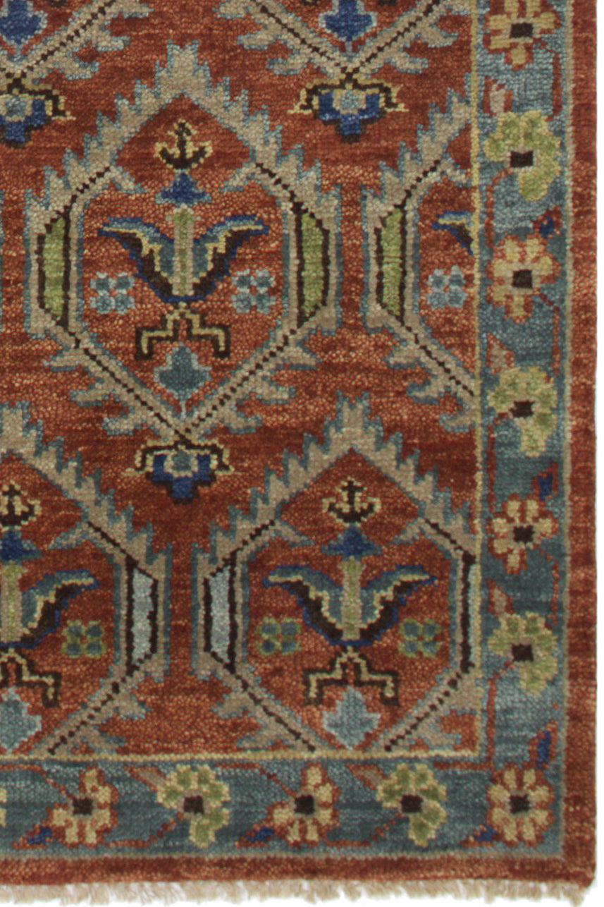 Tribal Geometric Hand Knotted New Zealand Wool Rug | Rust & Blue Diamond Pattern Area Rug — 2x3 ft'
