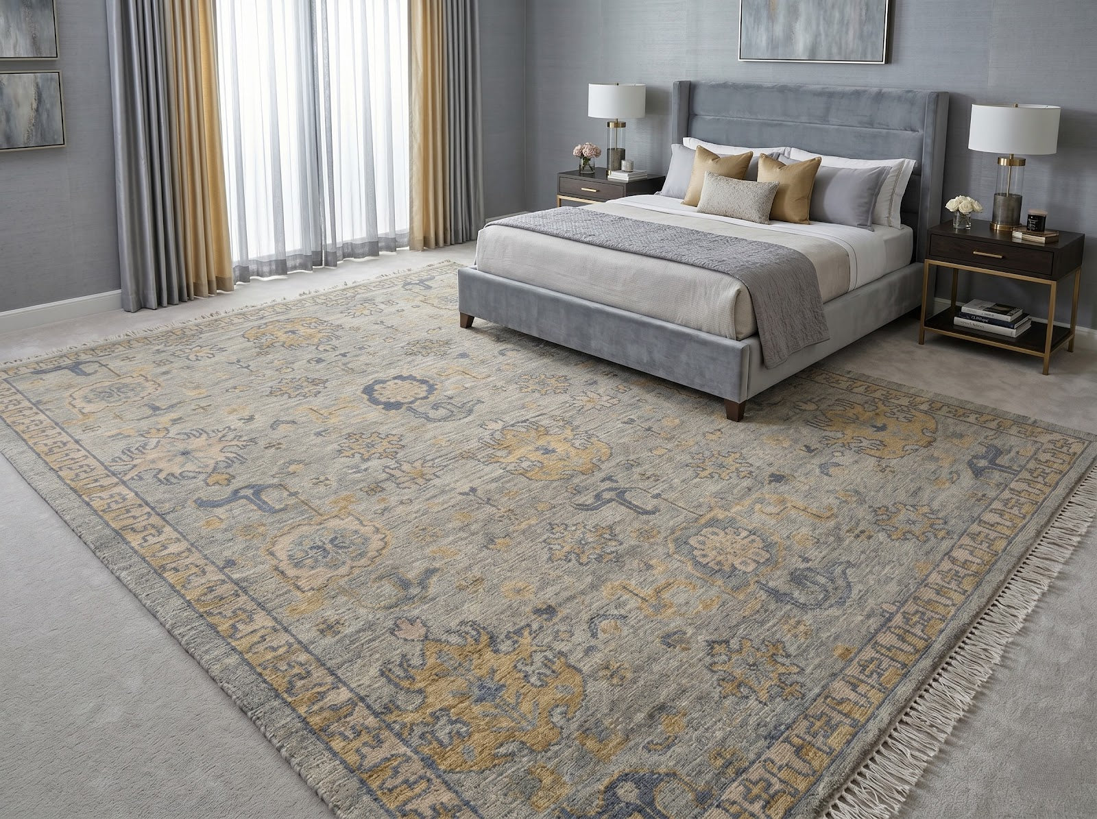Vintage Oushak Hand Knotted New Zealand Wool Rug | Grey & Gold Traditional Turkish Area Rug — 2x3 ft'