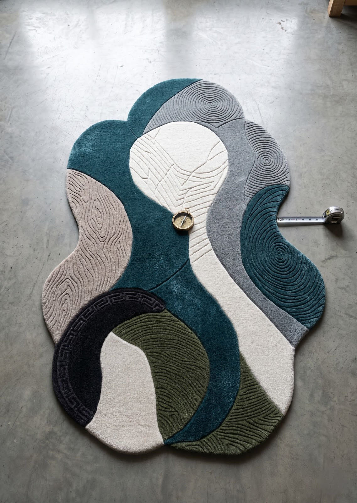 Irregular Abstract Hand Tufted Wool Rug | Organic Sculptural Area Rug in Teal, Grey & Ivory — 2x3 ft'