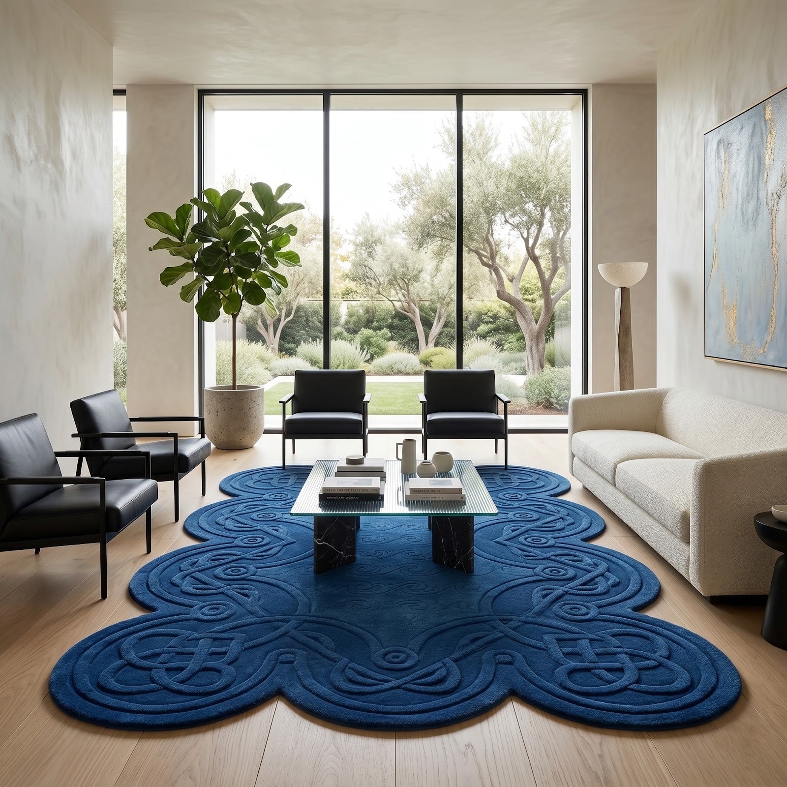 Celtic Knot Irregular Hand Tufted Wool Rug | Navy Blue Heritage Pattern Statement Area Rug — 2x3 ft'