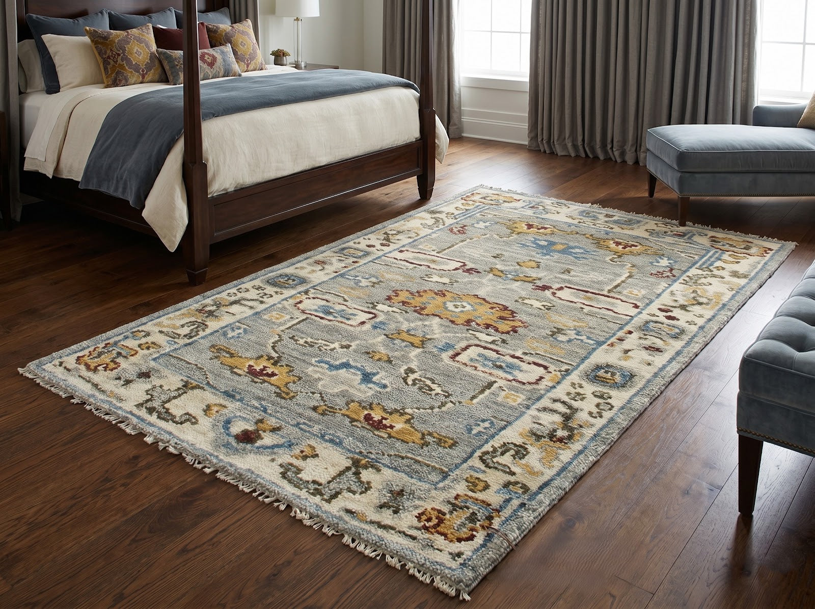 Vintage Oushak Hand Knotted New Zealand Wool Rug | Silver Grey & Ivory Floral Area Rug — 2x3 ft'