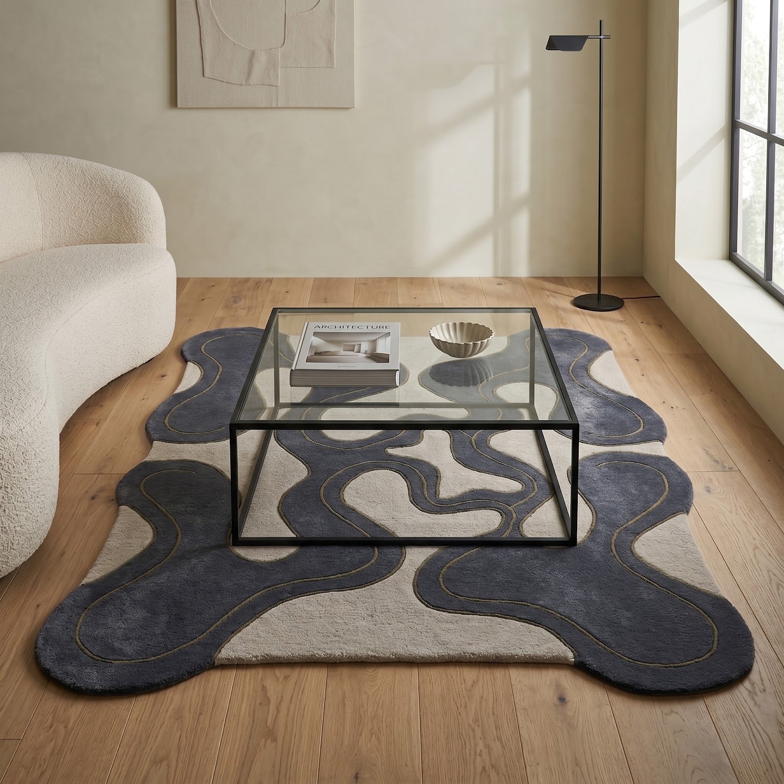 Organic Flow Hand Tufted Wool Rug | Slate Blue & Ivory Biomorphic Irregular Area Rug — 2x3 ft'