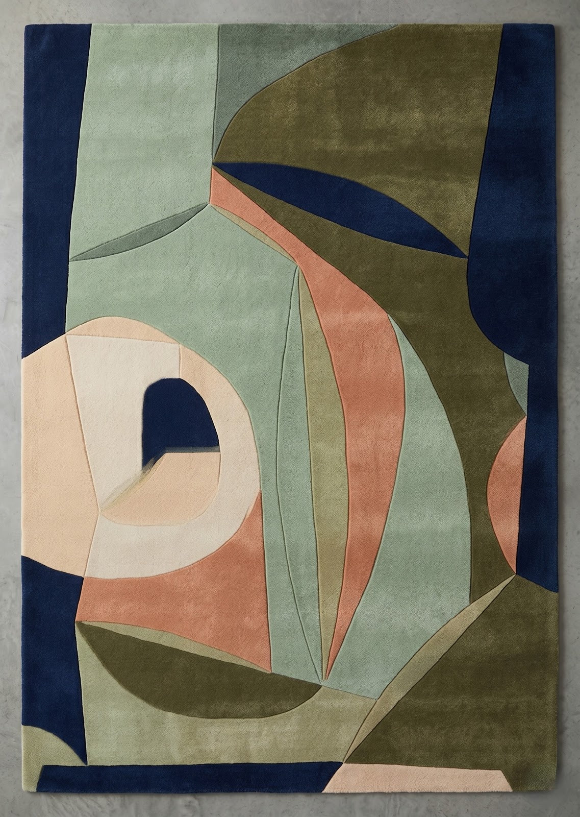 Modern Abstract Cubist Hand Tufted Wool Rug | Sage Green, Olive & Navy Geometric Art Area Rug — 2x3 ft'