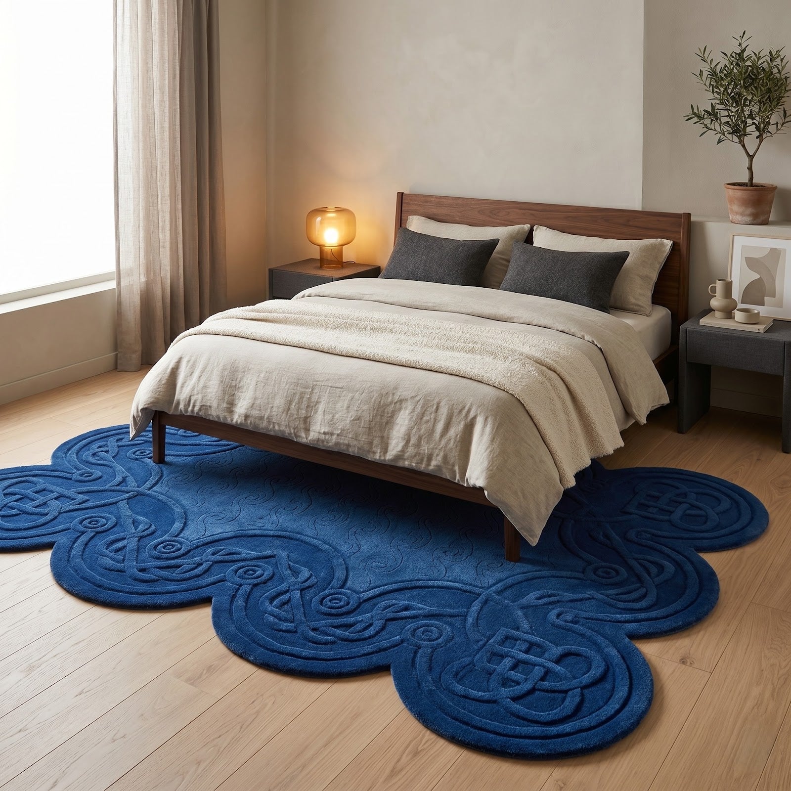 Celtic Knot Irregular Hand Tufted Wool Rug | Navy Blue Heritage Pattern Statement Area Rug — 2x3 ft'