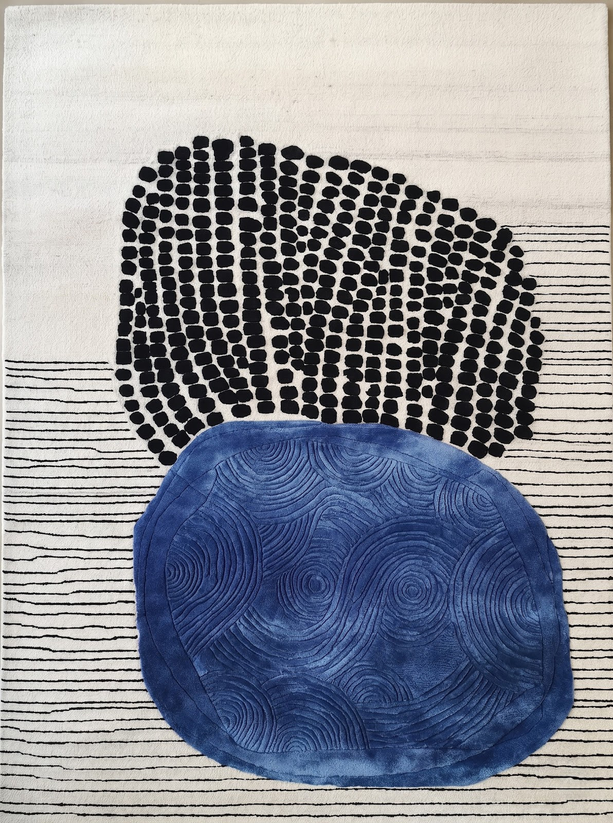 Abstract Modern Hand Tufted Wool & Viscose Rug | Ivory, Cobalt Blue & Black Artistic Statement Area Rug — 2x3 ft'