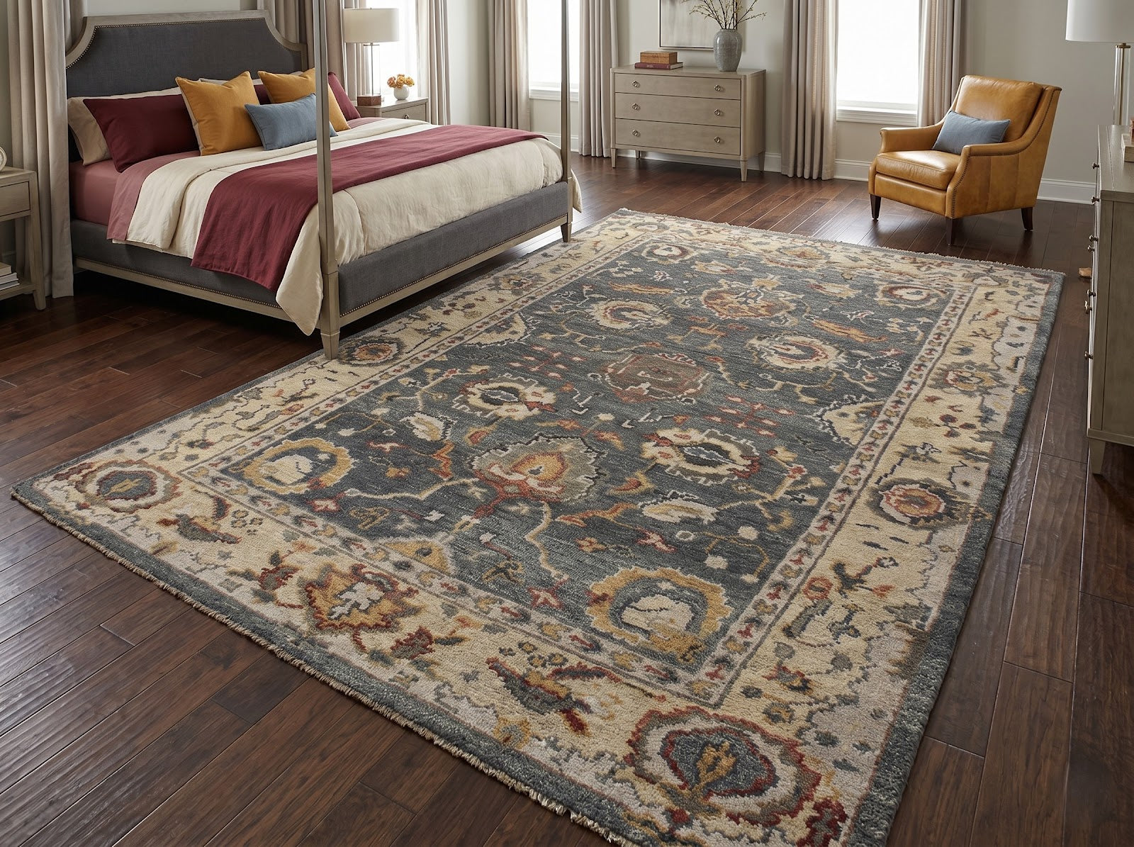 Vintage Persian Hand Knotted New Zealand Wool Rug | Charcoal Grey & Ivory Floral Area Rug — 2x3 ft'