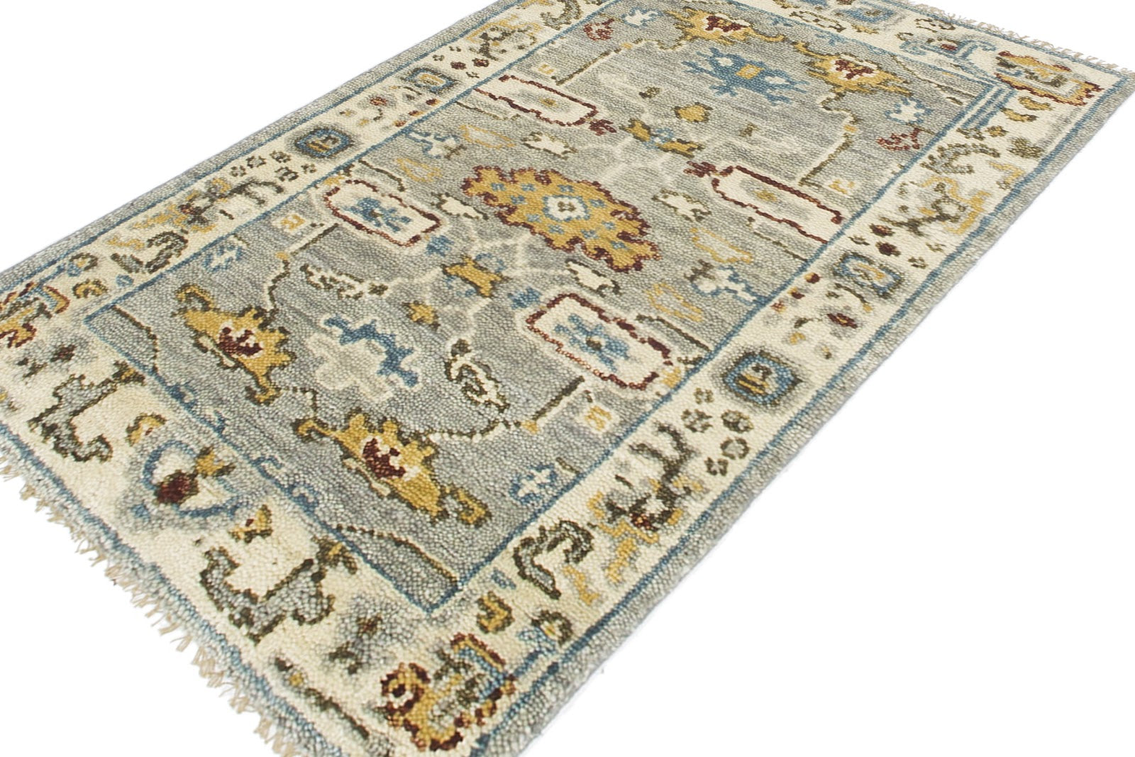Vintage Oushak Hand Knotted New Zealand Wool Rug | Silver Grey & Ivory Floral Area Rug — 2x3 ft'