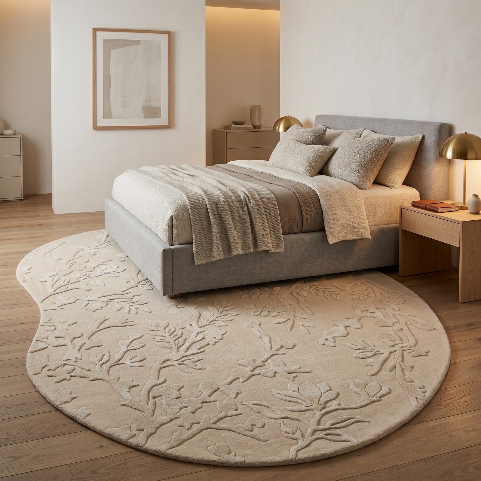 Oval Botanical Hand Tufted Wool Rug | Ivory Floral Vine Area Rug with Carved Texture — 2x3 ft'