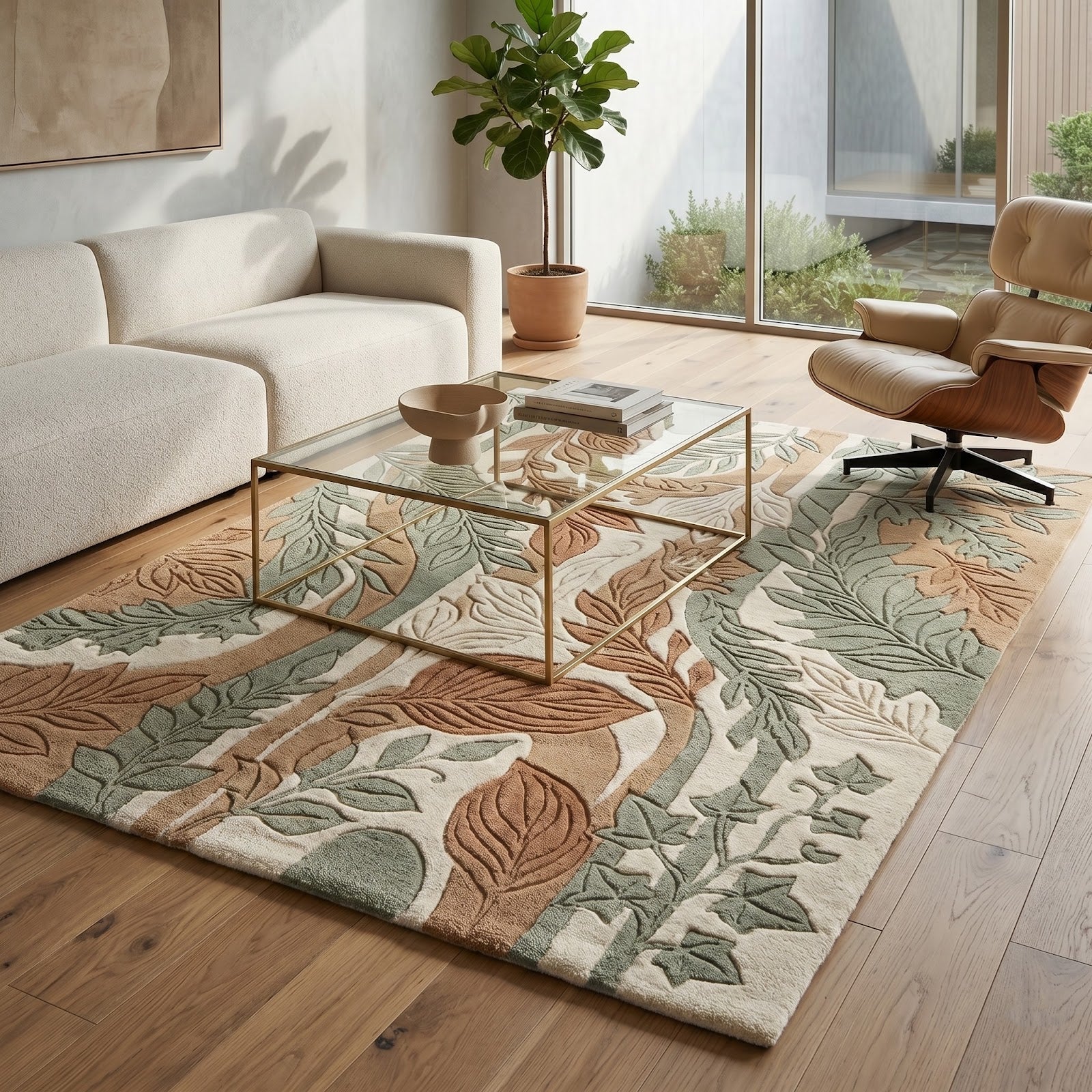 Botanical Forest Hand Tufted Wool Rug | Sage Green & Terracotta Leaf Pattern Nature Inspired Area Rug — 2x3 ft'