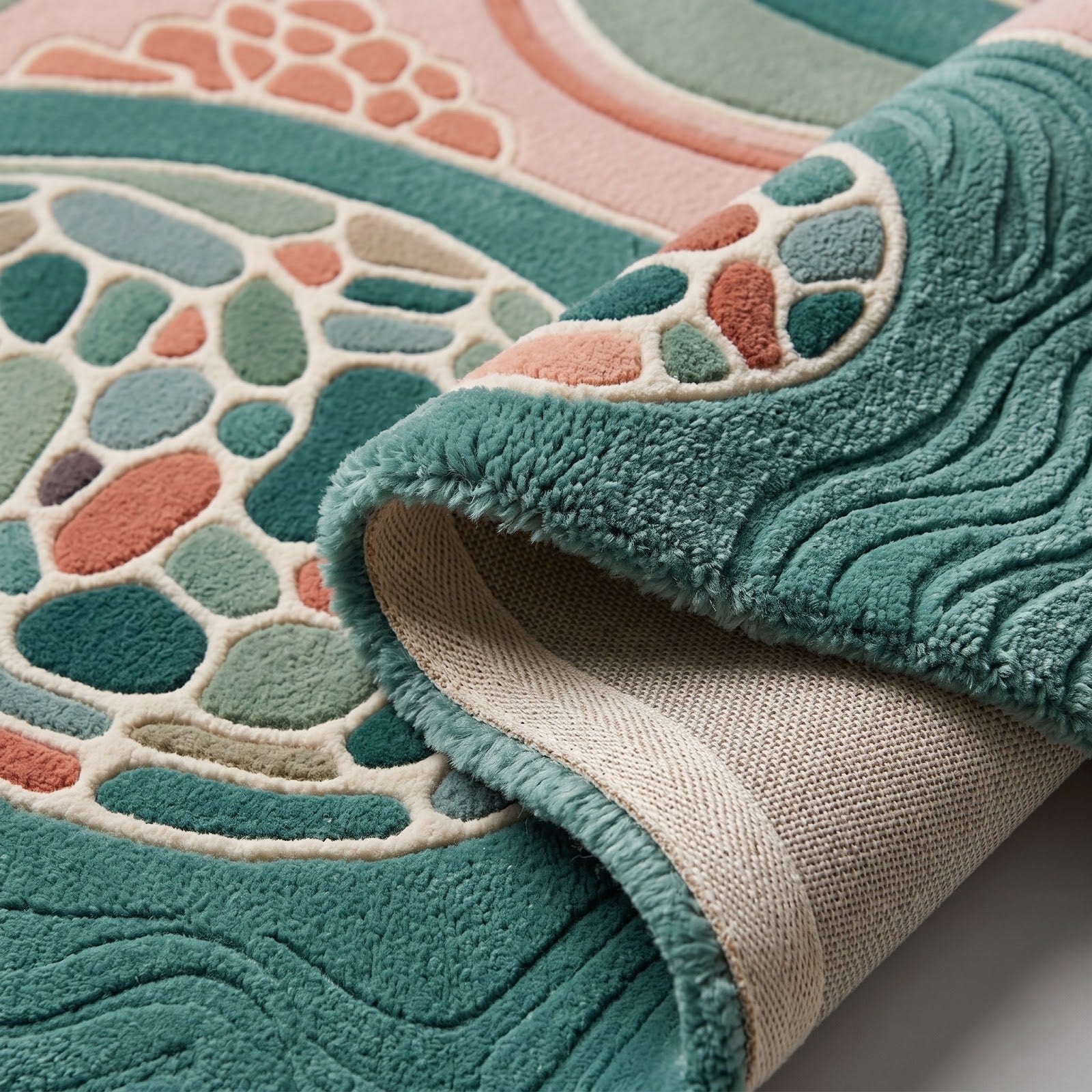 Abstract Botanical Hand Tufted Wool Rug | Irregular Organic Area Rug in Teal, Sage & Blush Pink — 2x3 ft'