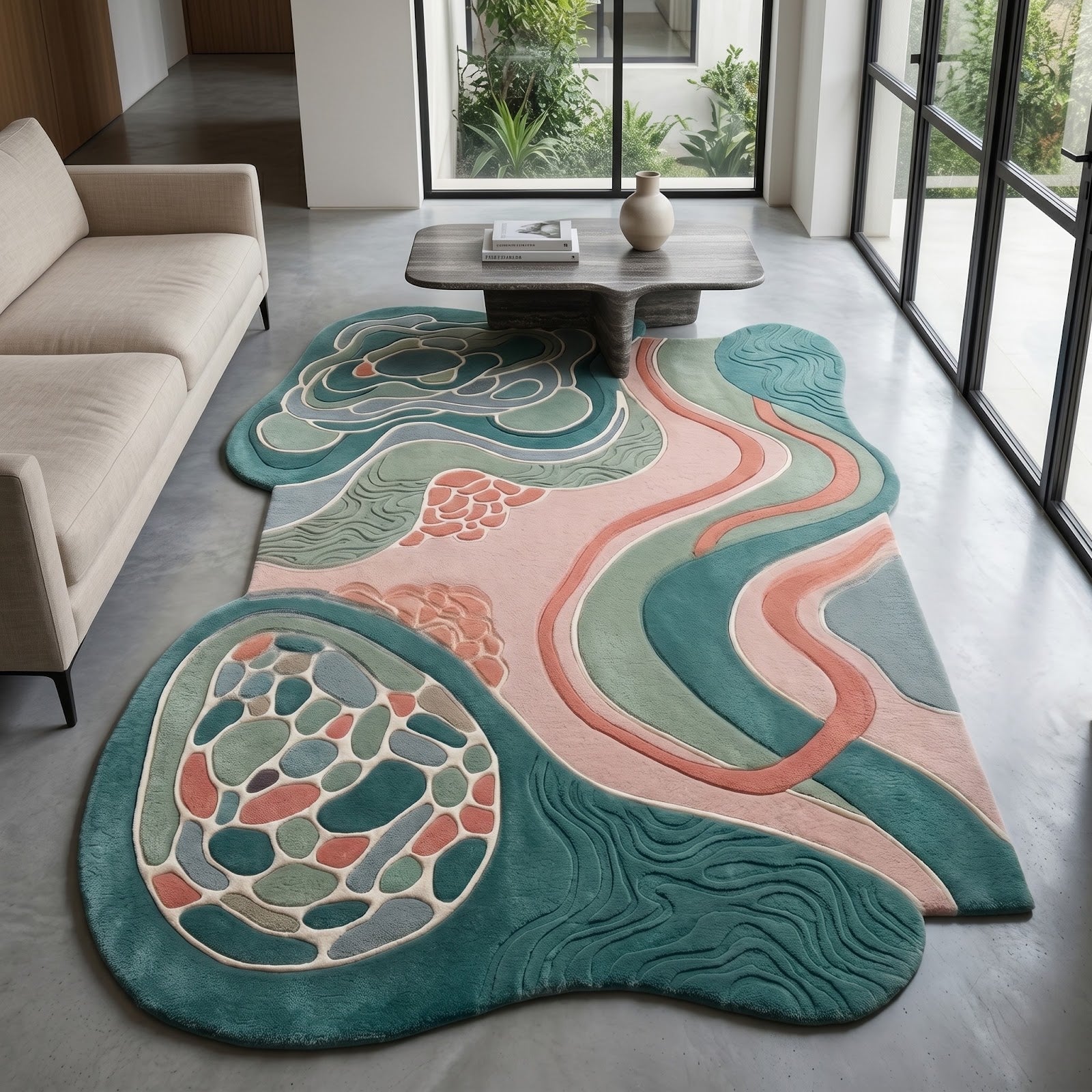 Abstract Botanical Hand Tufted Wool Rug | Irregular Organic Area Rug in Teal, Sage & Blush Pink — 2x3 ft'
